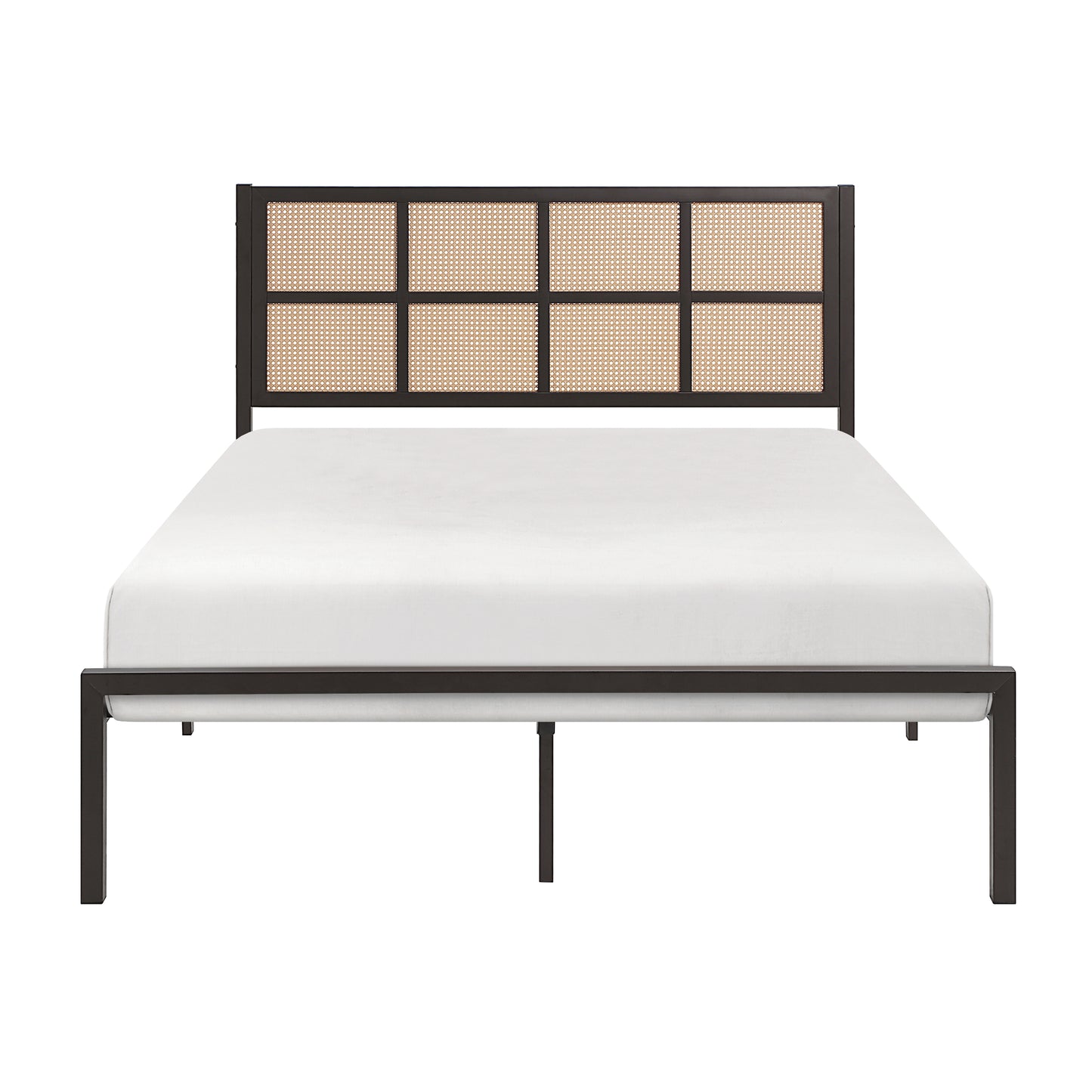 Dark metal bed frame with woven cane headboard and white mattress