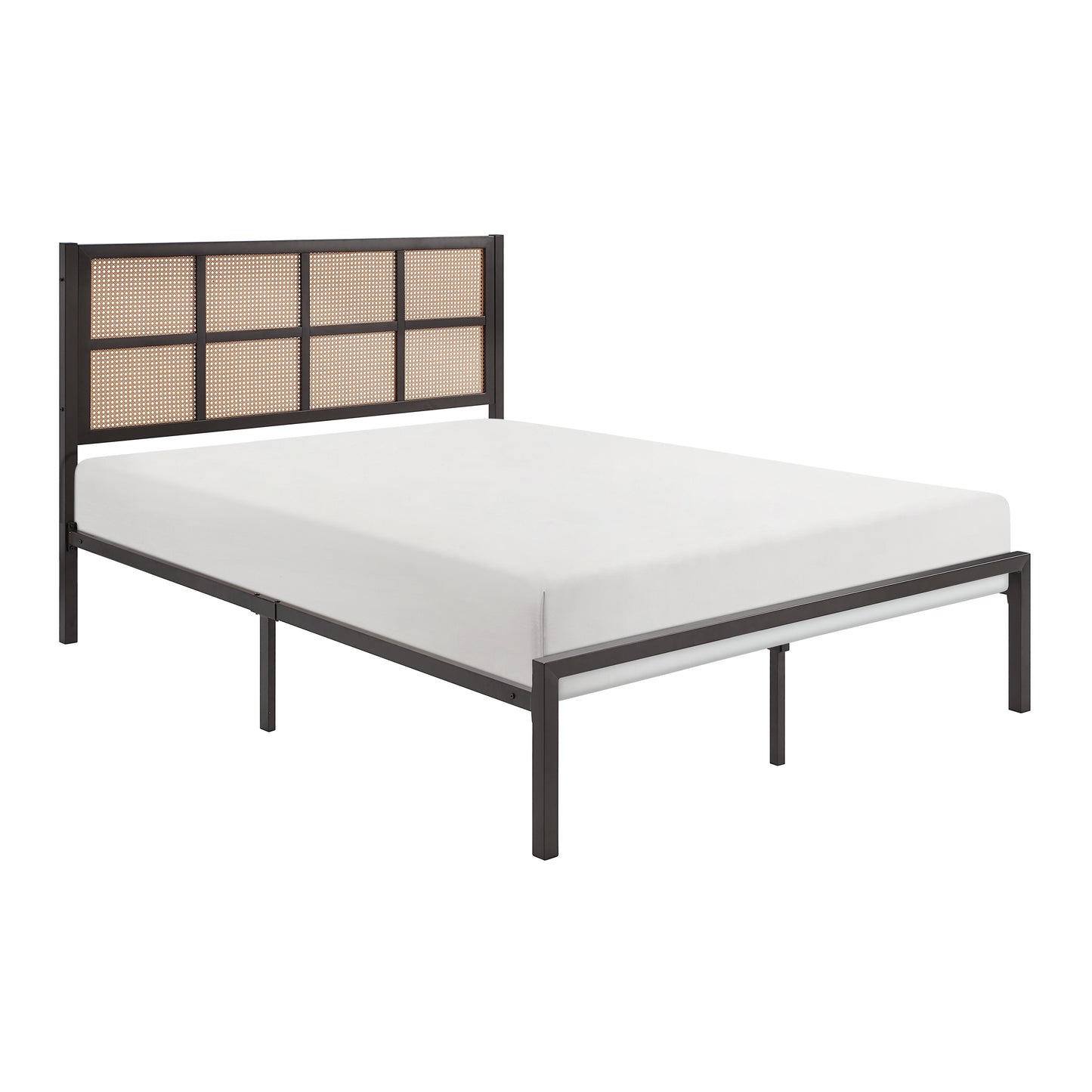 Dark metal bed frame with a woven cane headboard and white mattress