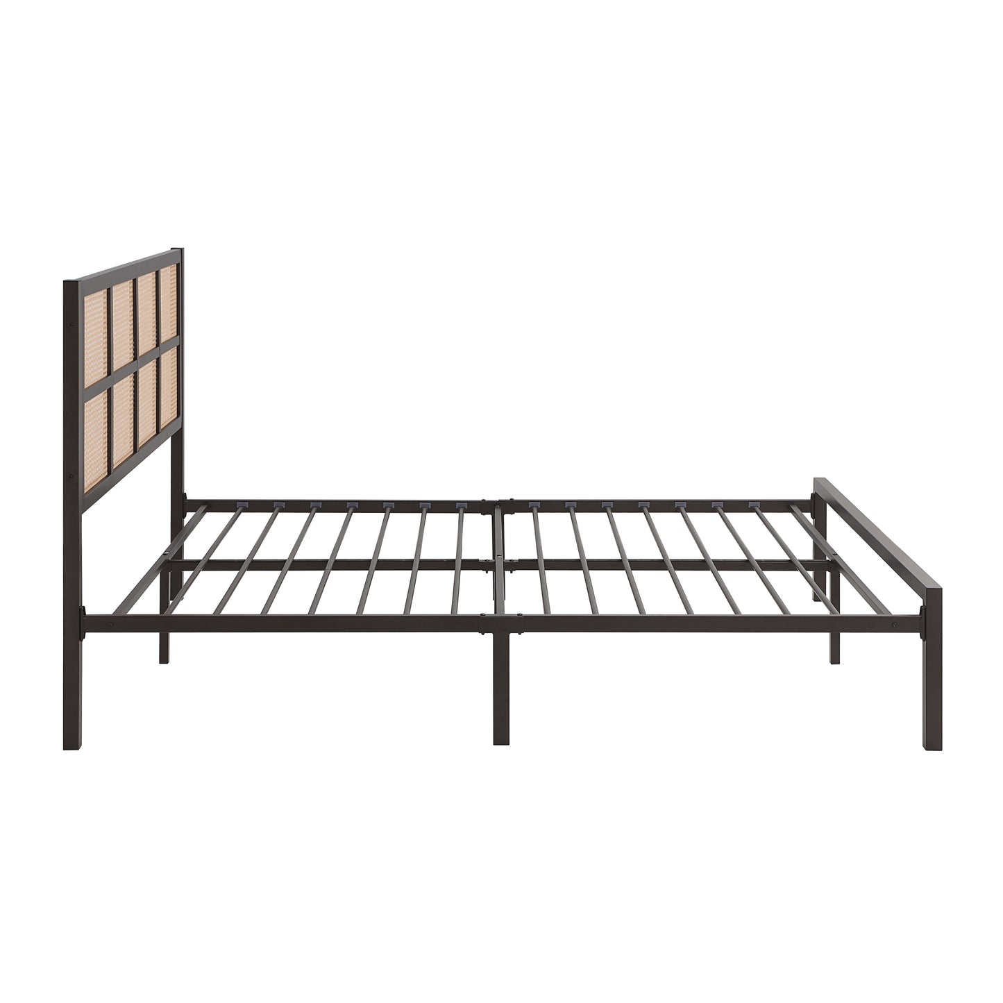 Dark metal bed frame with natural rattan headboard panels midcentury modern style