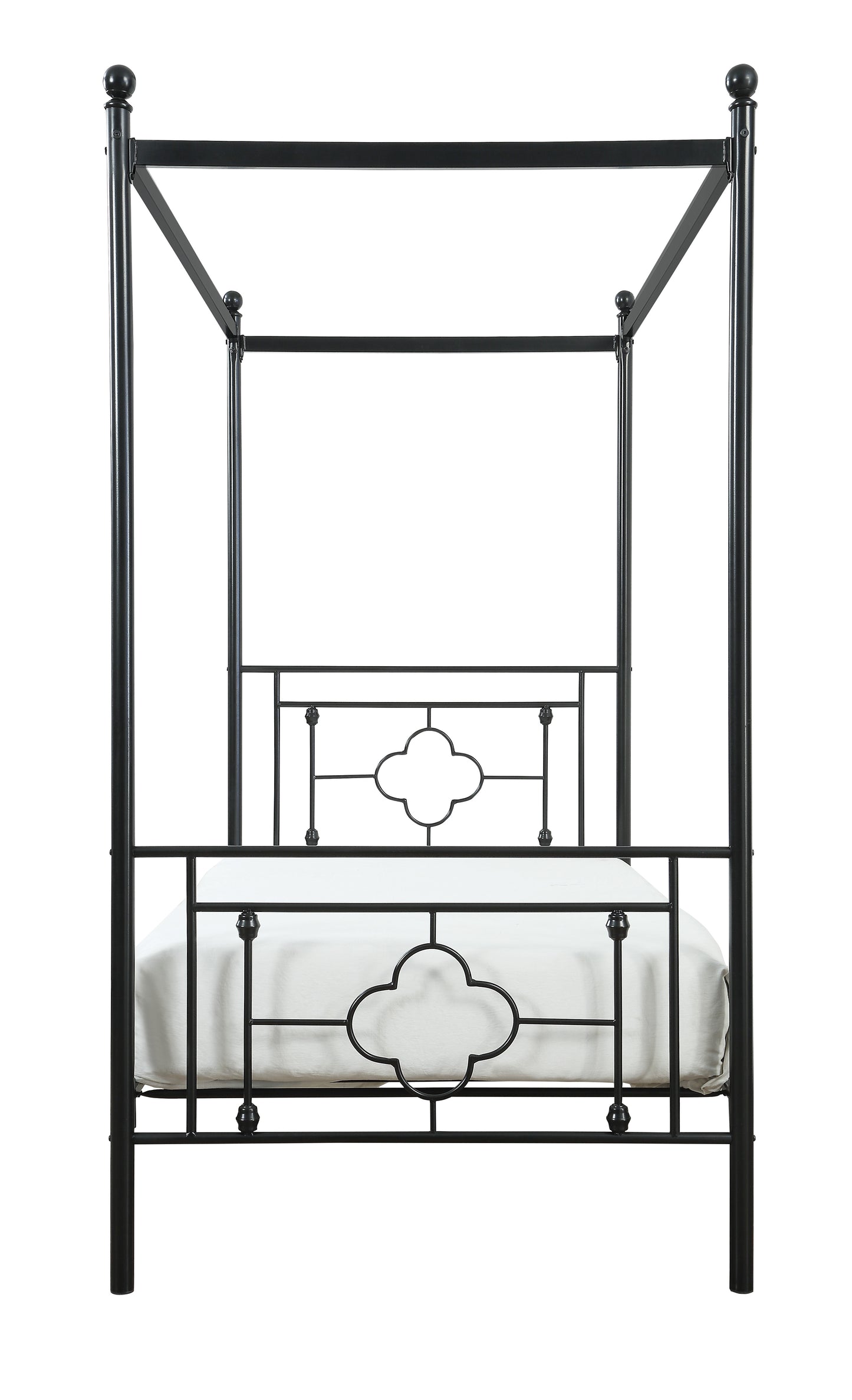 Black metal four poster bed frame with decorative quatrefoil headboard and footboard
