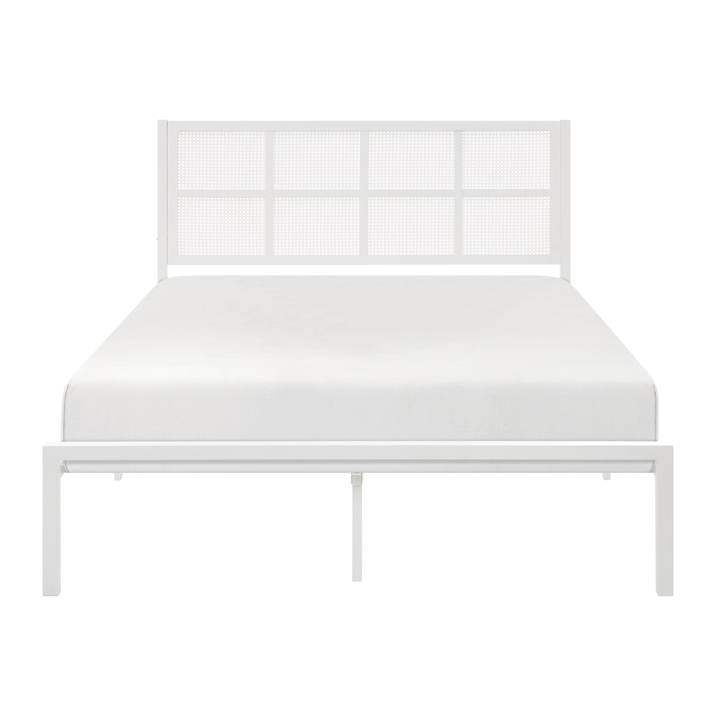 White metal bed frame with cane headboard and mattress minimalist design