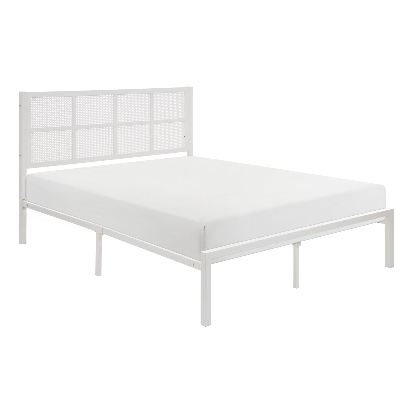 White metal bed frame with a canestyle headboard and white mattress