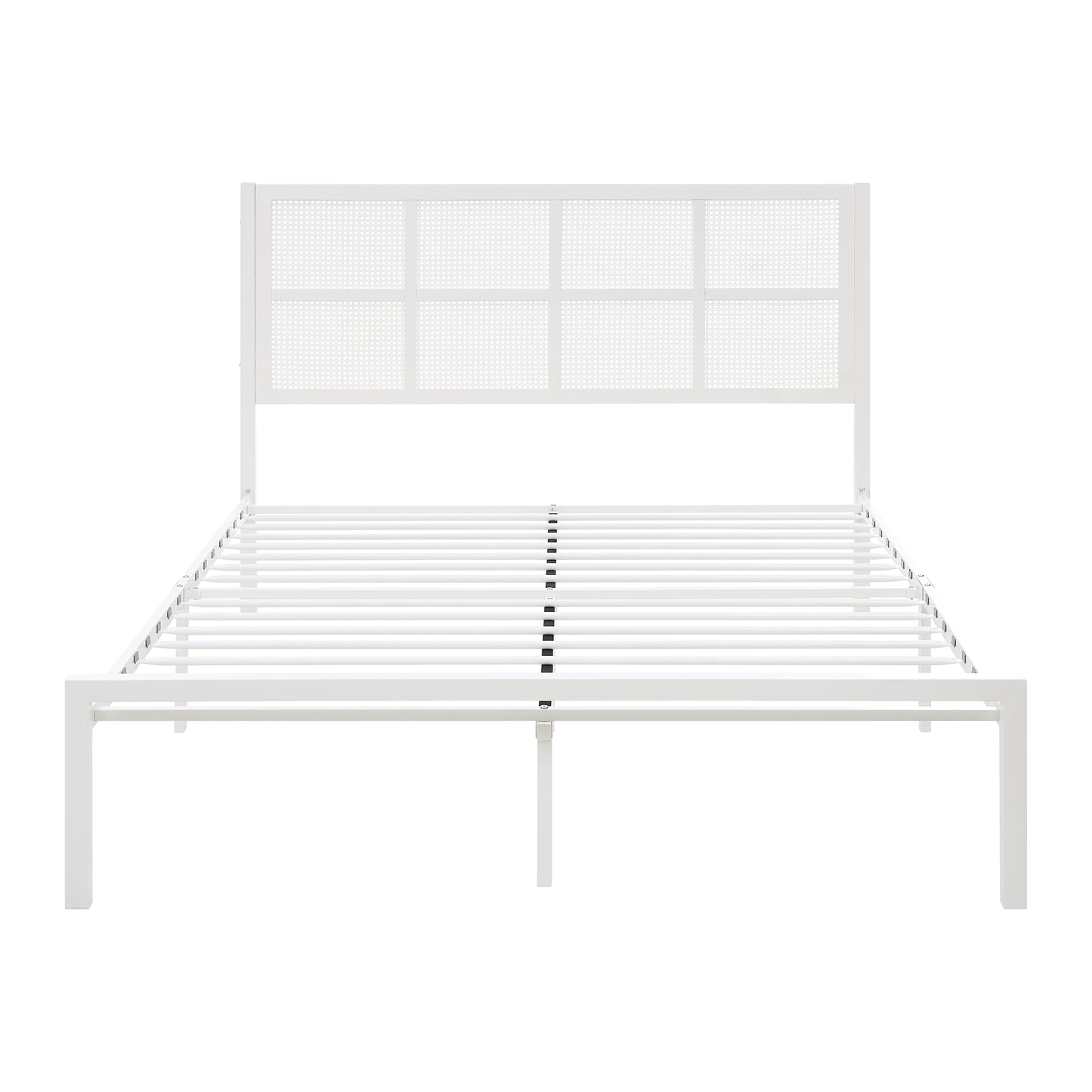 White metal bed frame with canepatterned headboard