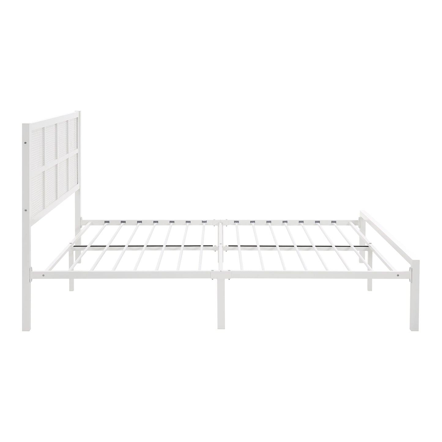 White metal twin bed frame with a slatted headboard and platform support