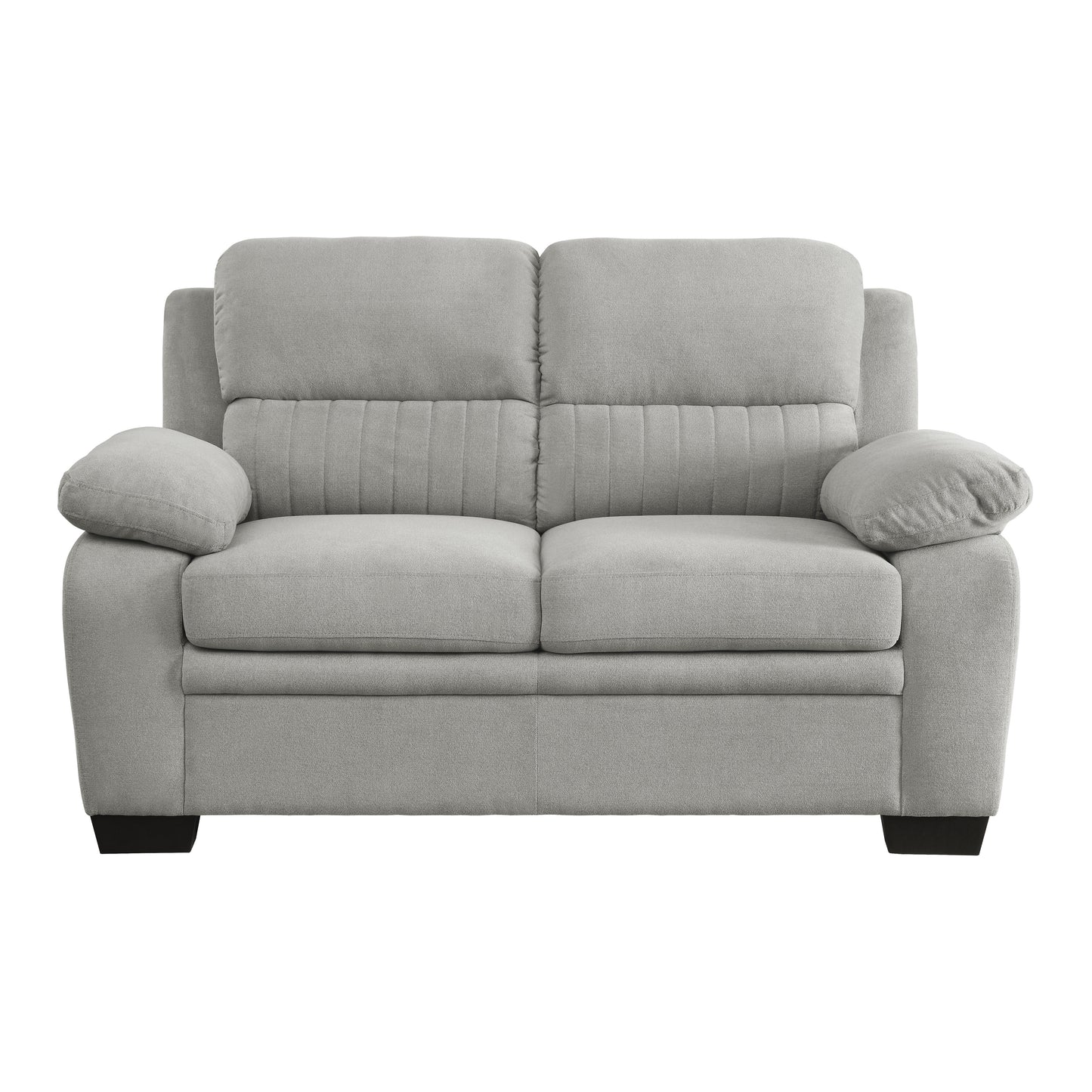 Light gray fabric loveseat with tufted back cushions and plush armrests