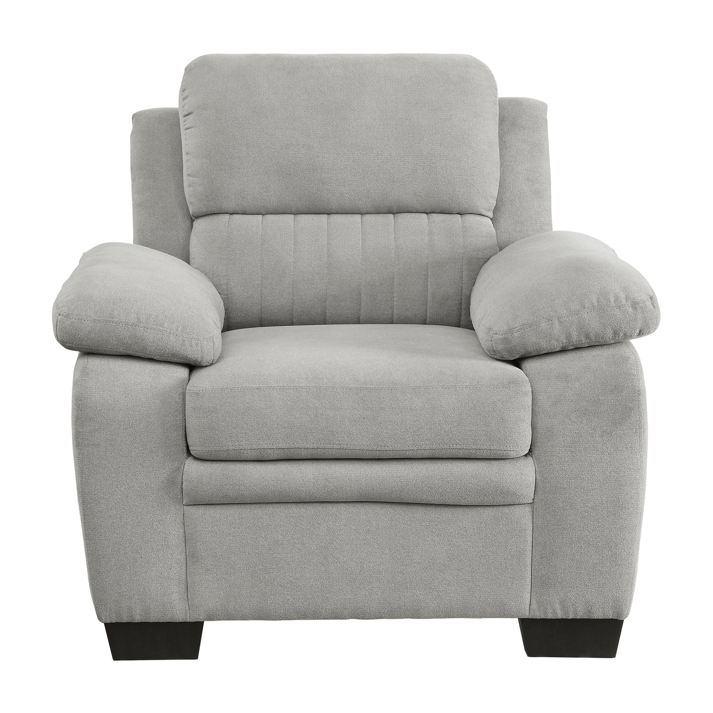Plush grey fabric armchair with padded headrest and wide arms ideal for living rooms