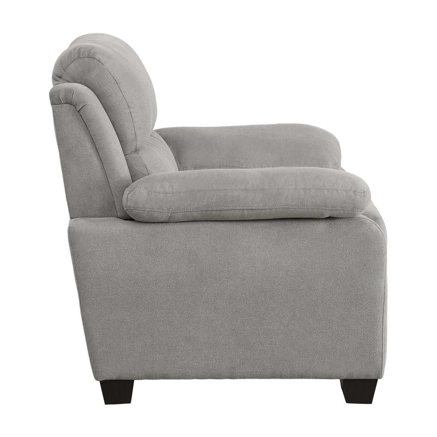 Gray fabric accent chair with padded arms and rolled back for comfortable seating
