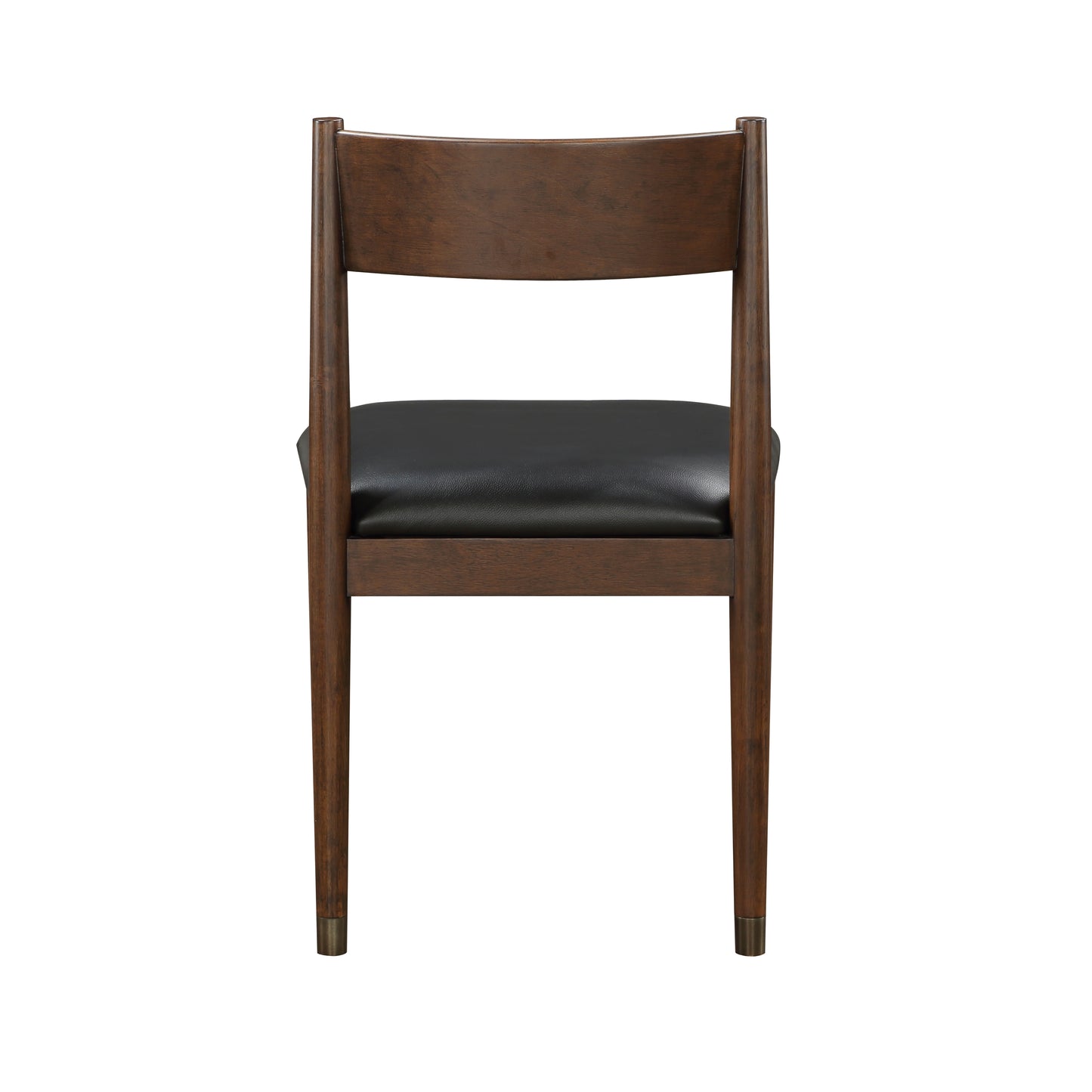 Dark wood dining chair with black leather seat and brass capped legs