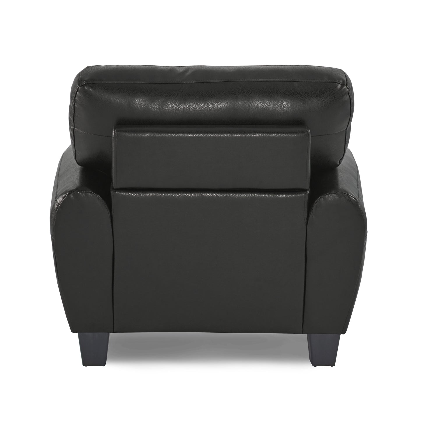 Back view of a black leather armchair with padded seat and arms