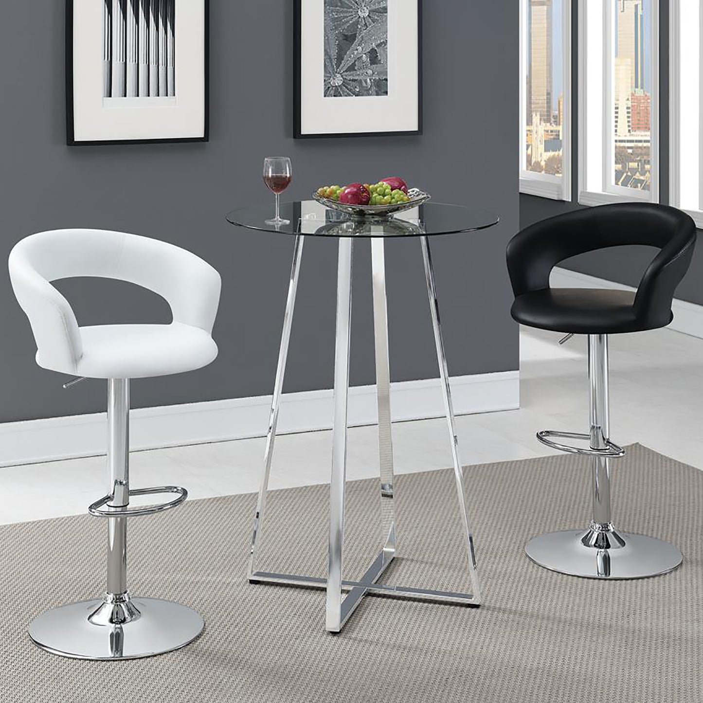 White faux leather adjustable bar stool with chrome base and footrest