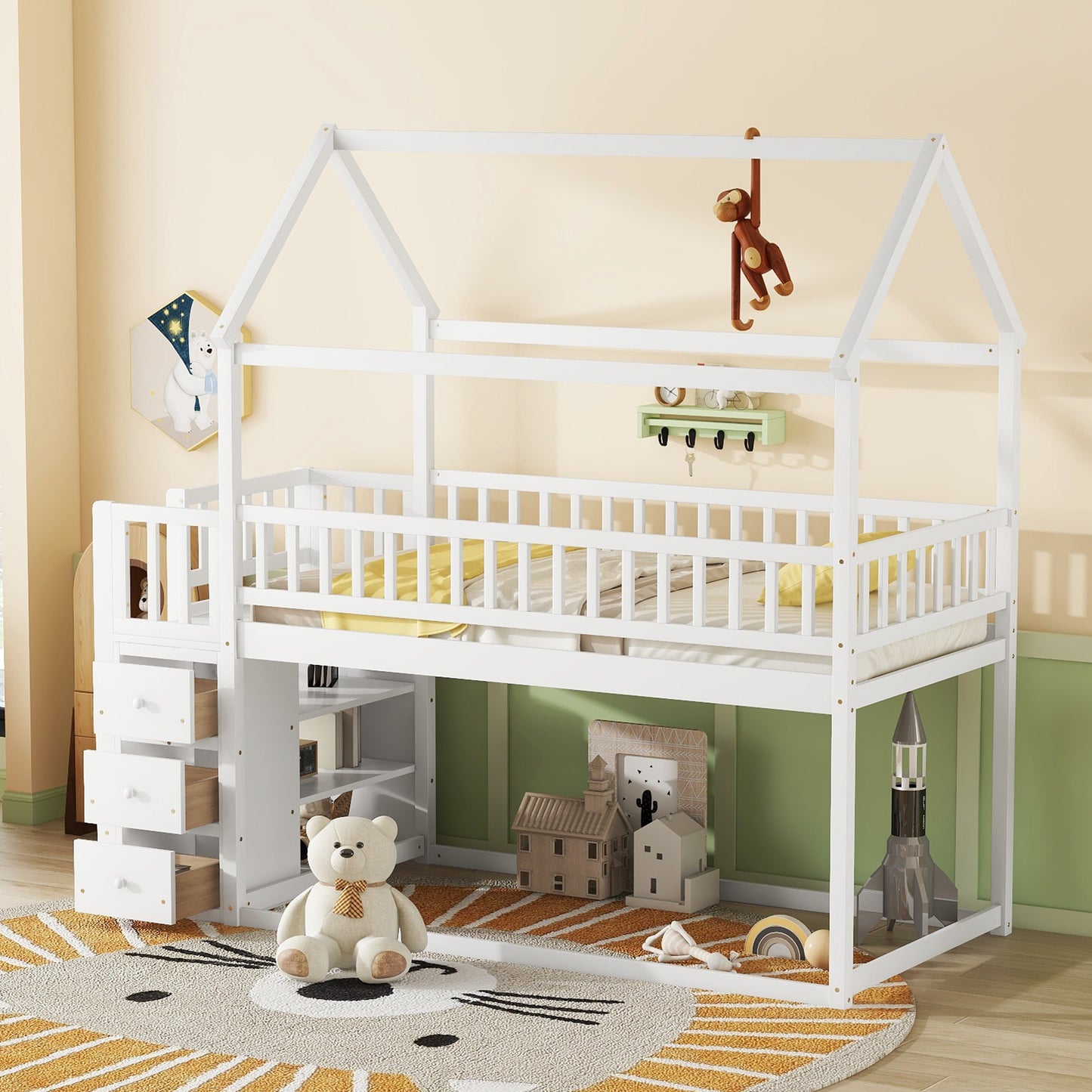 White wooden house loft bed with drawers and shelves for kids