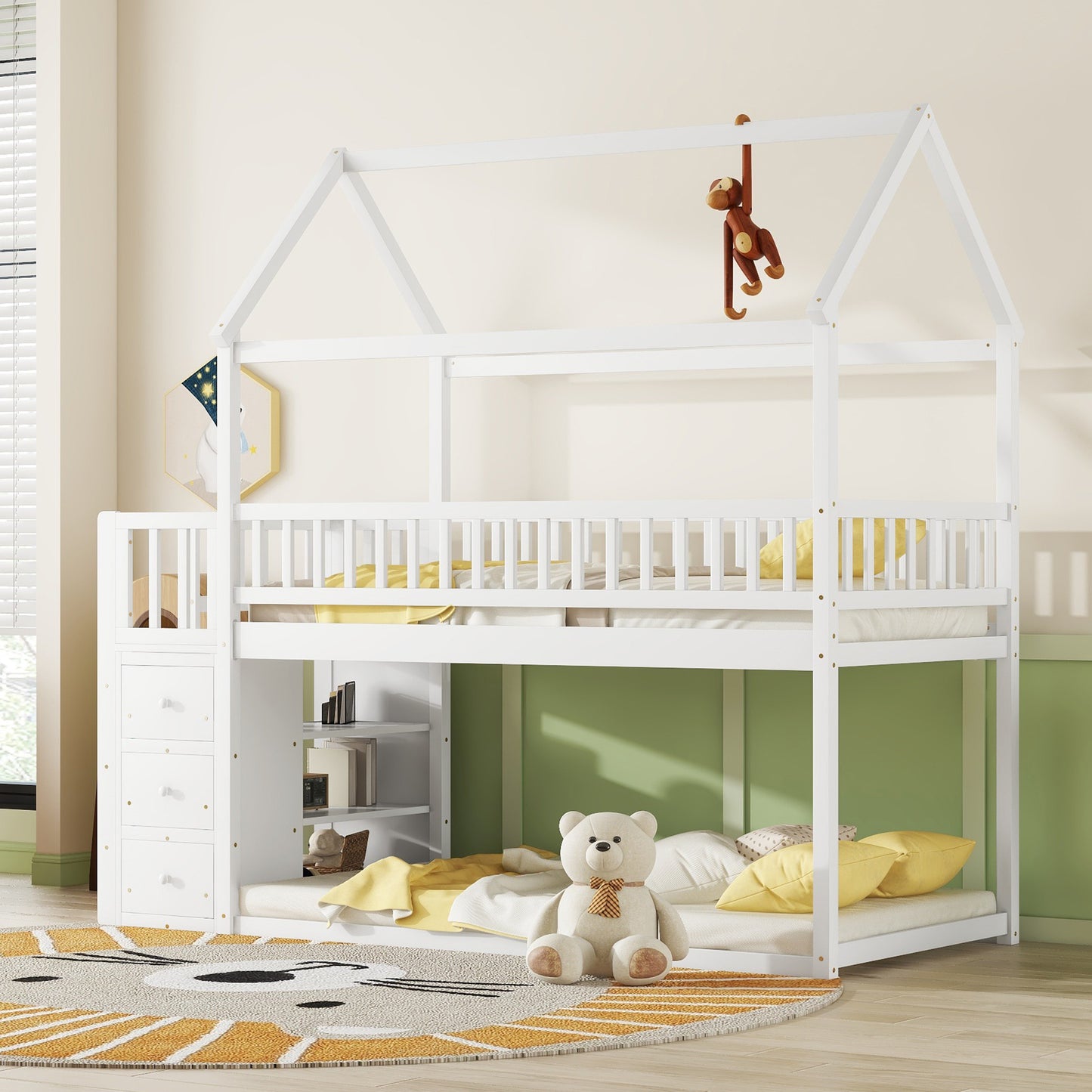 White wooden house bunk bed with ladder and storage drawers