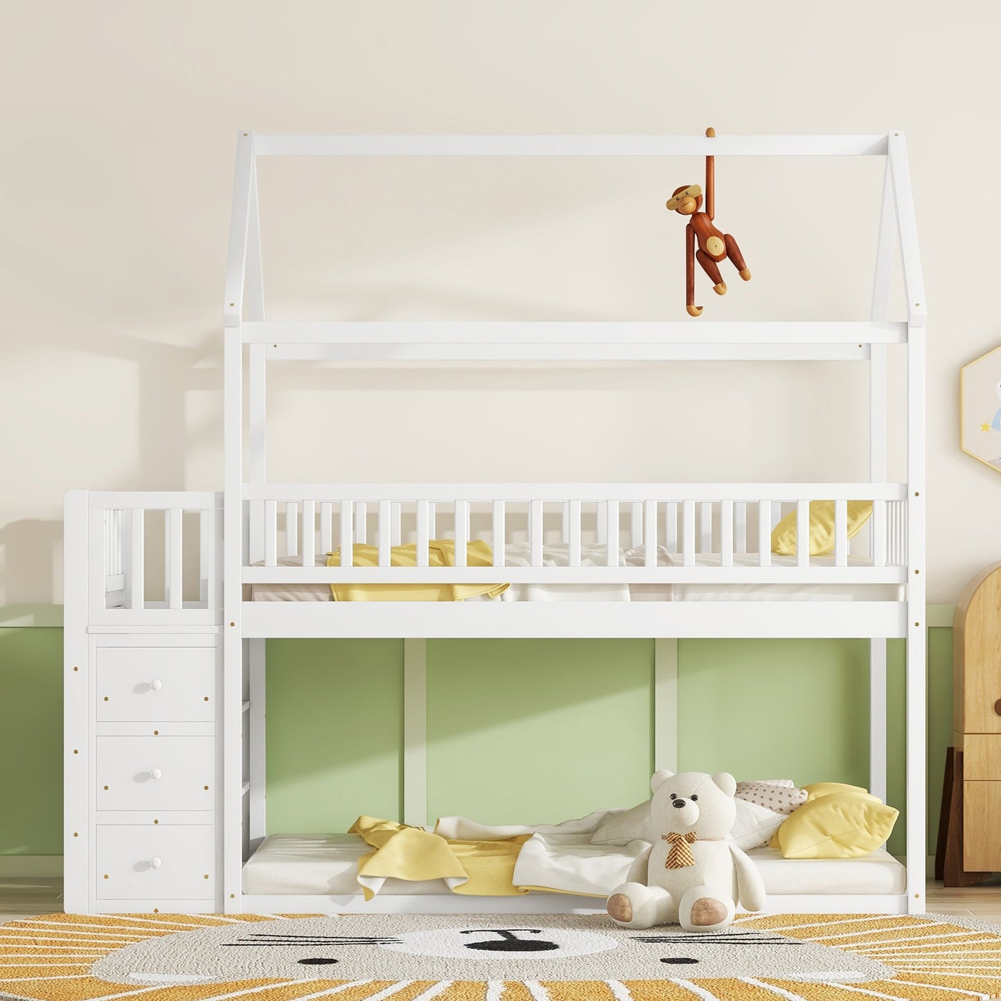 White wooden bunk bed with ladder and drawers