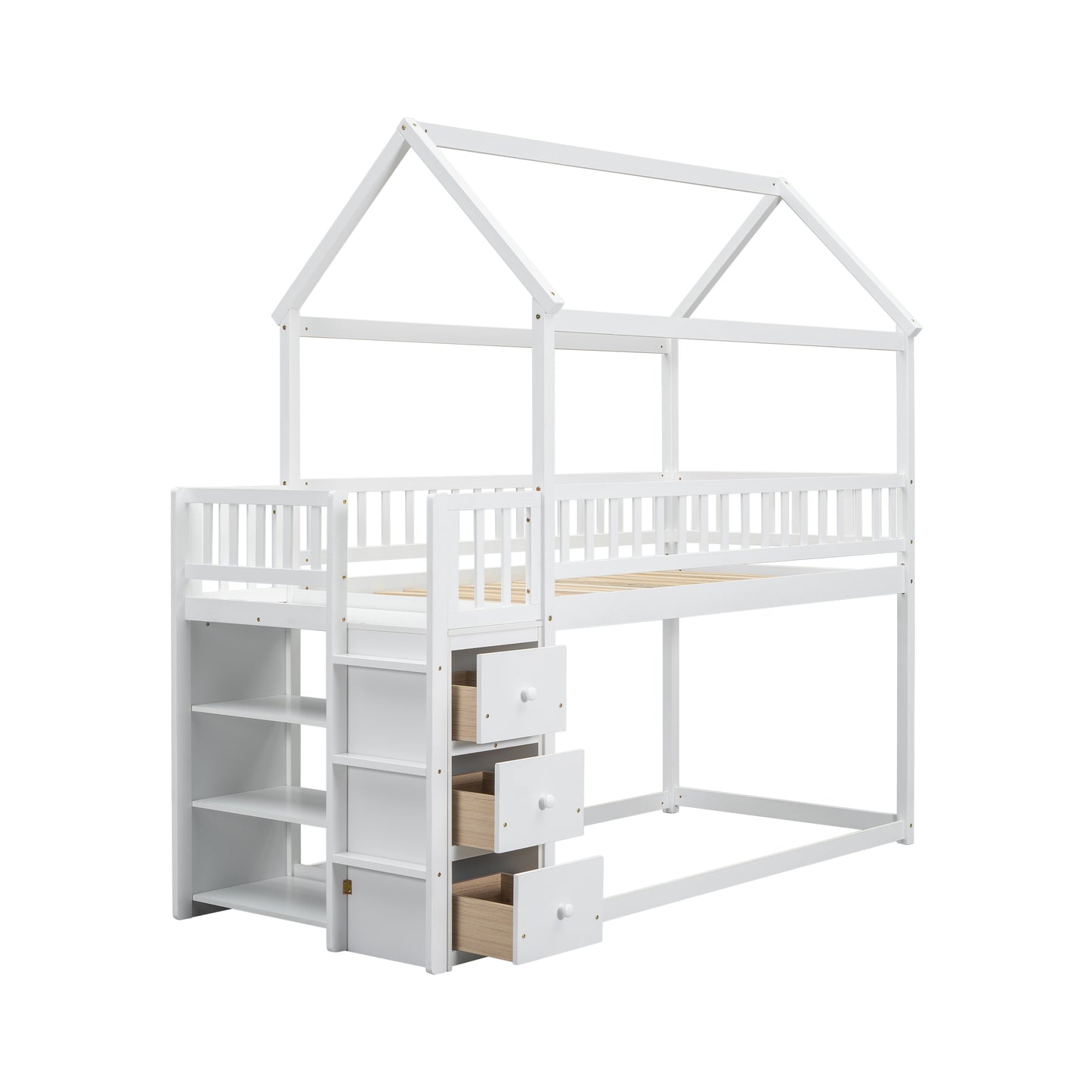 White twin house bunk bed with stairs