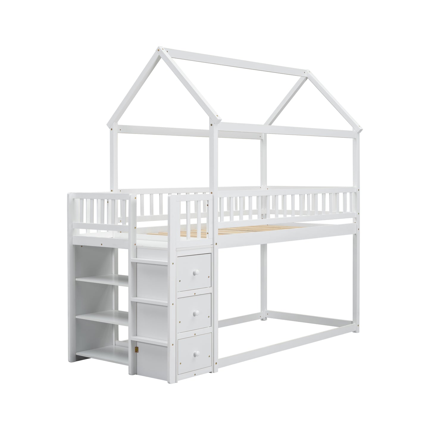 White wooden house bunk bed with stairs and drawers