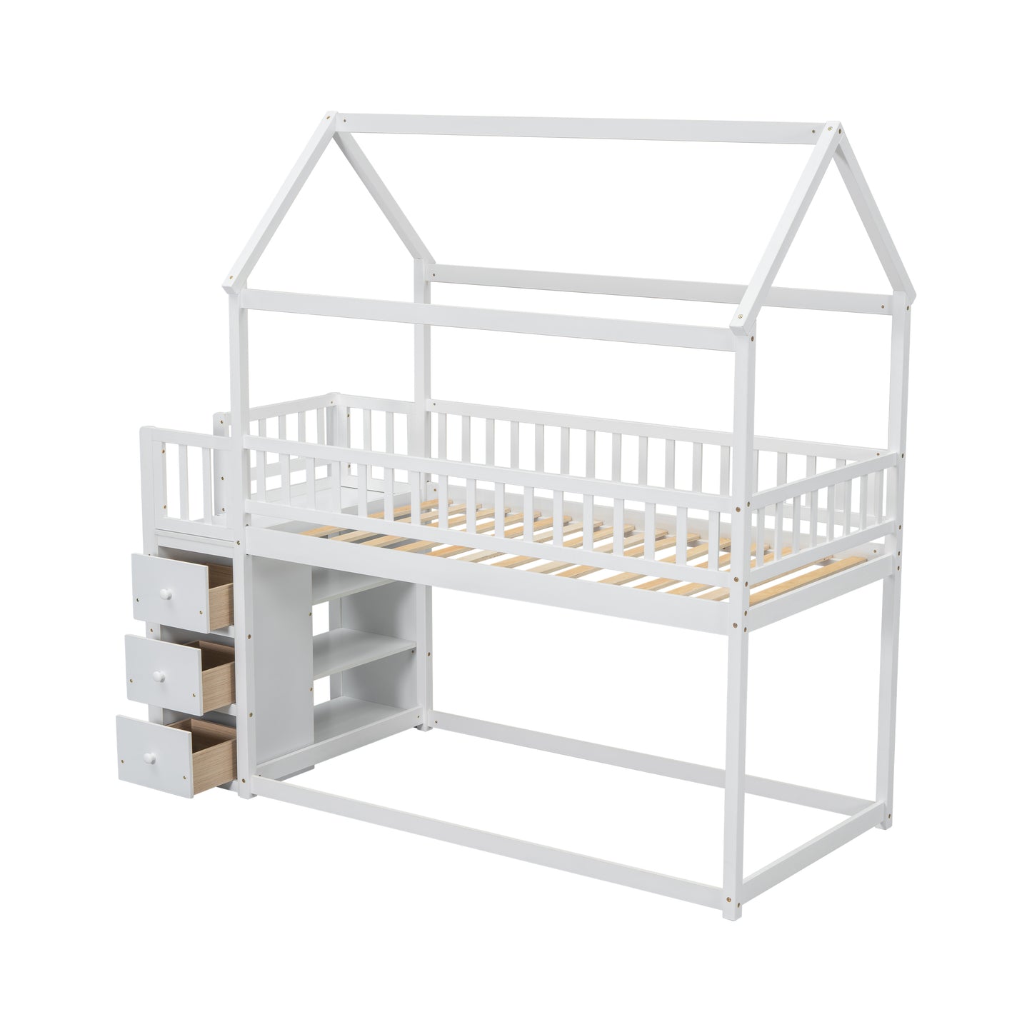 White wooden house bunk bed with drawers and shelves