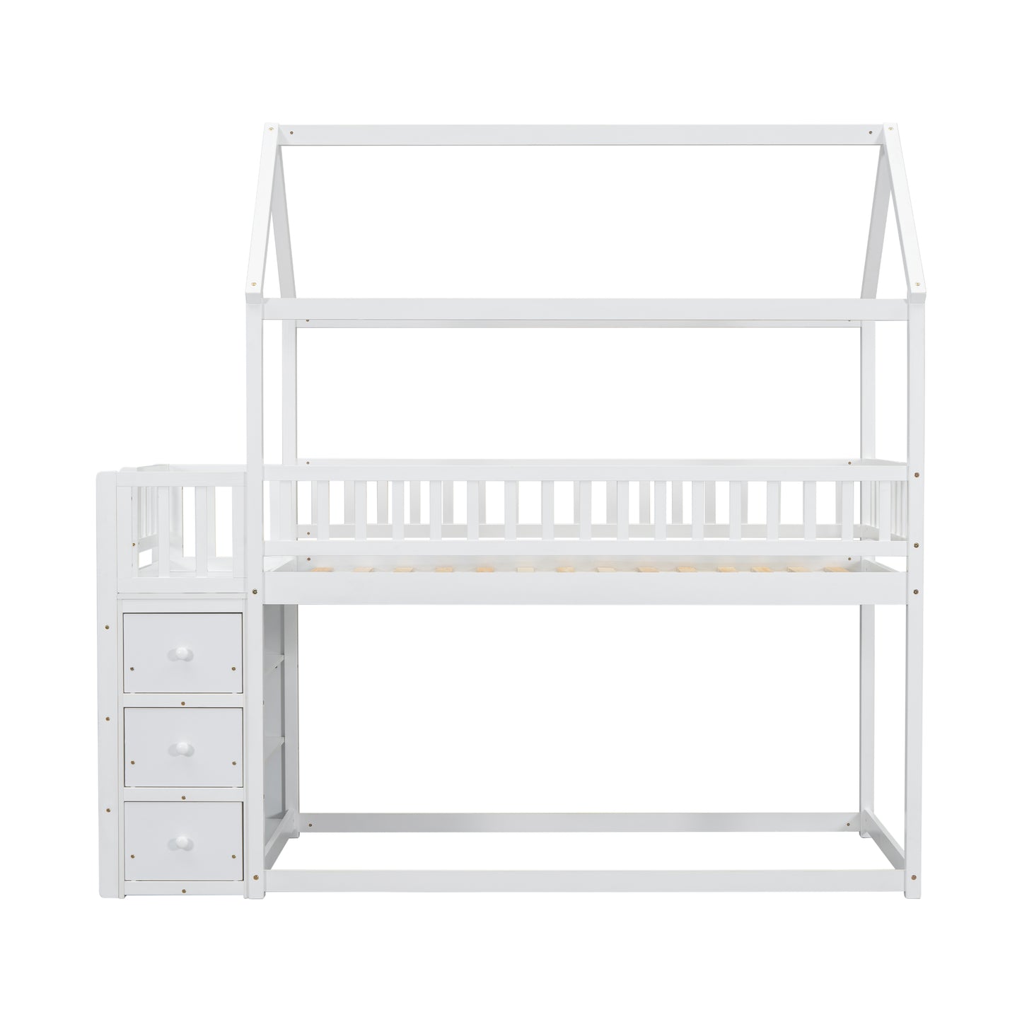 White wooden loft bed with house frame and three drawers on the side