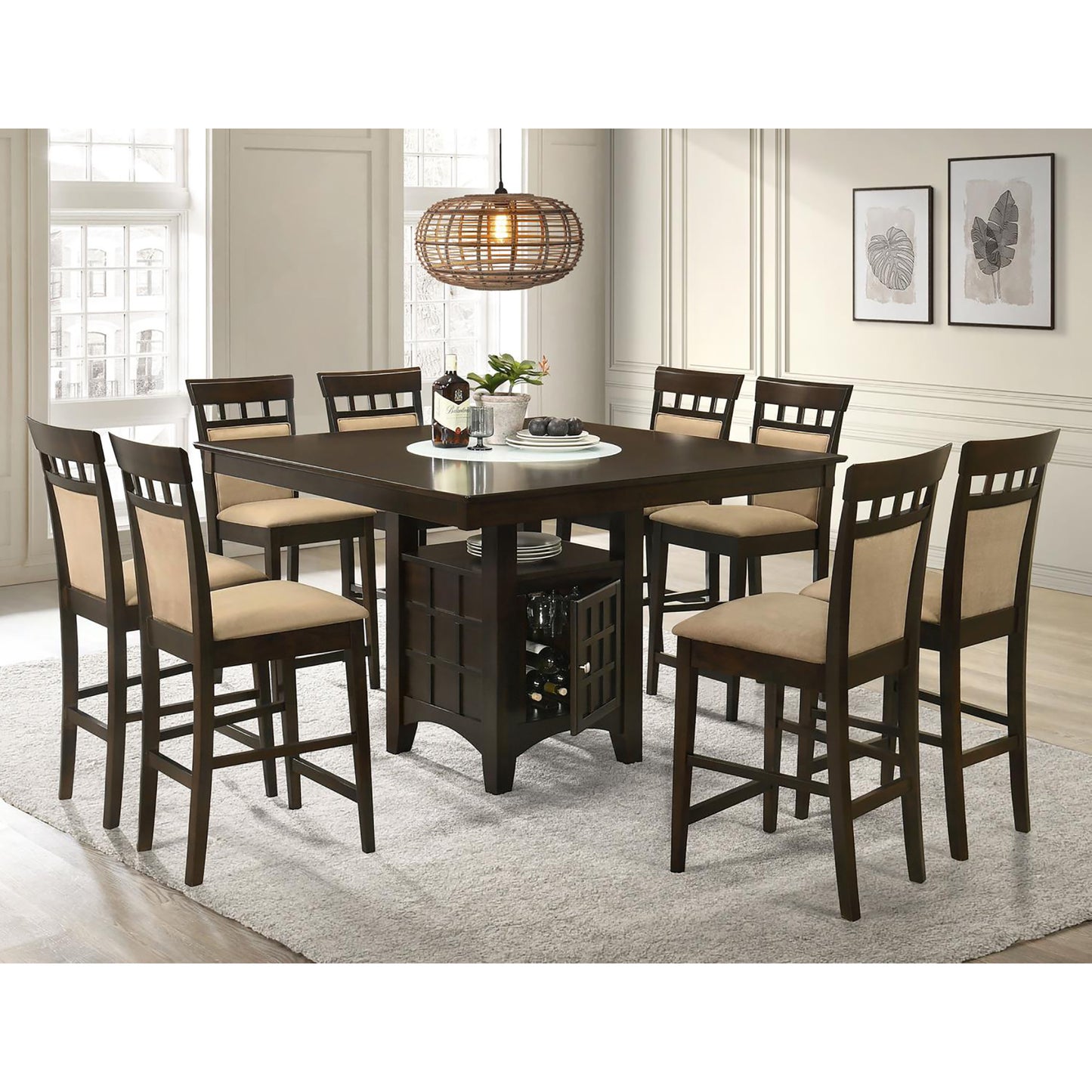 Dark wood square counter height table with wine rack and eight beige upholstered stools