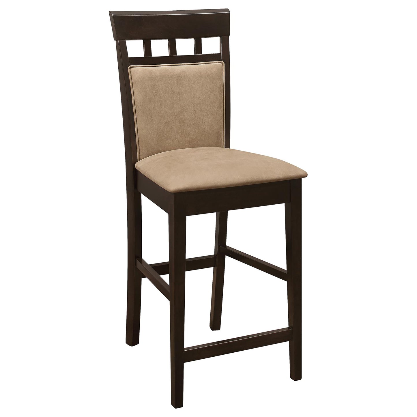 Dark brown wooden bar stool with light tan upholstered seat and backrest