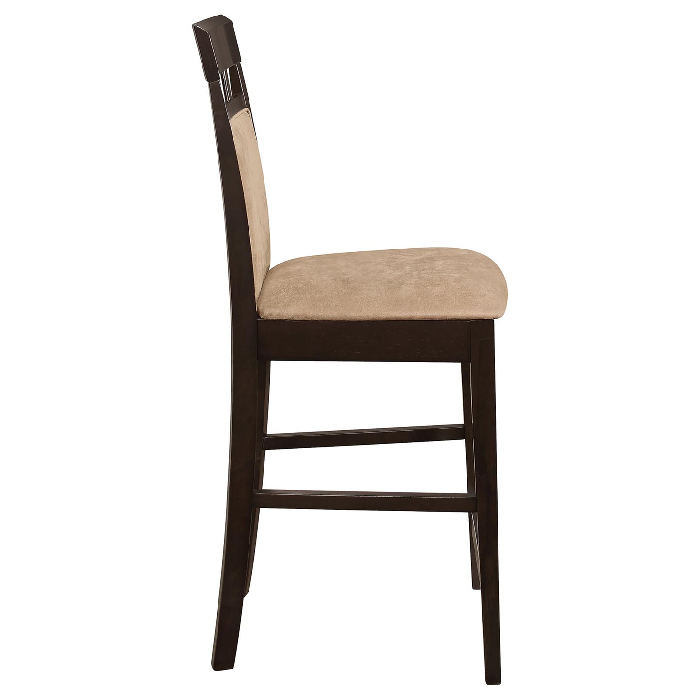 Side view of a dark wood bar stool with a beige upholstered seat and back