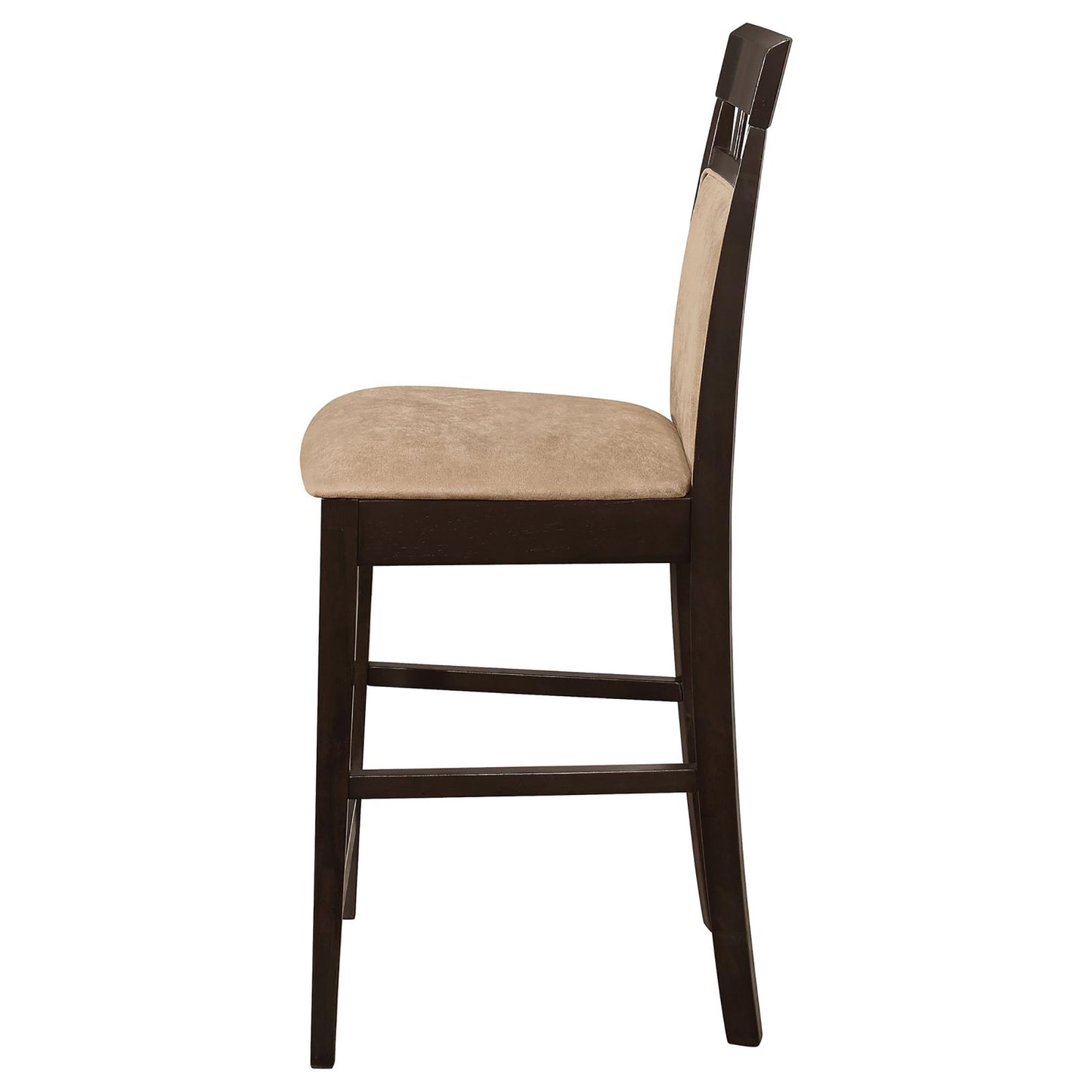 Dark wood bar stool with upholstered tan seat side view modern design