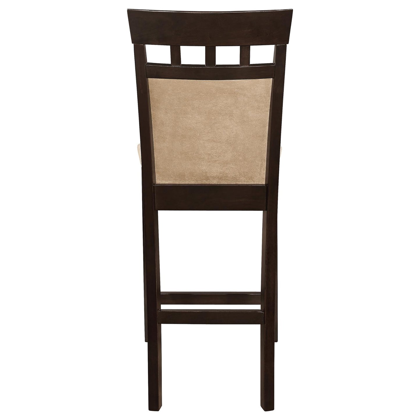 Dark brown wooden bar stool with beige upholstered back and seat
