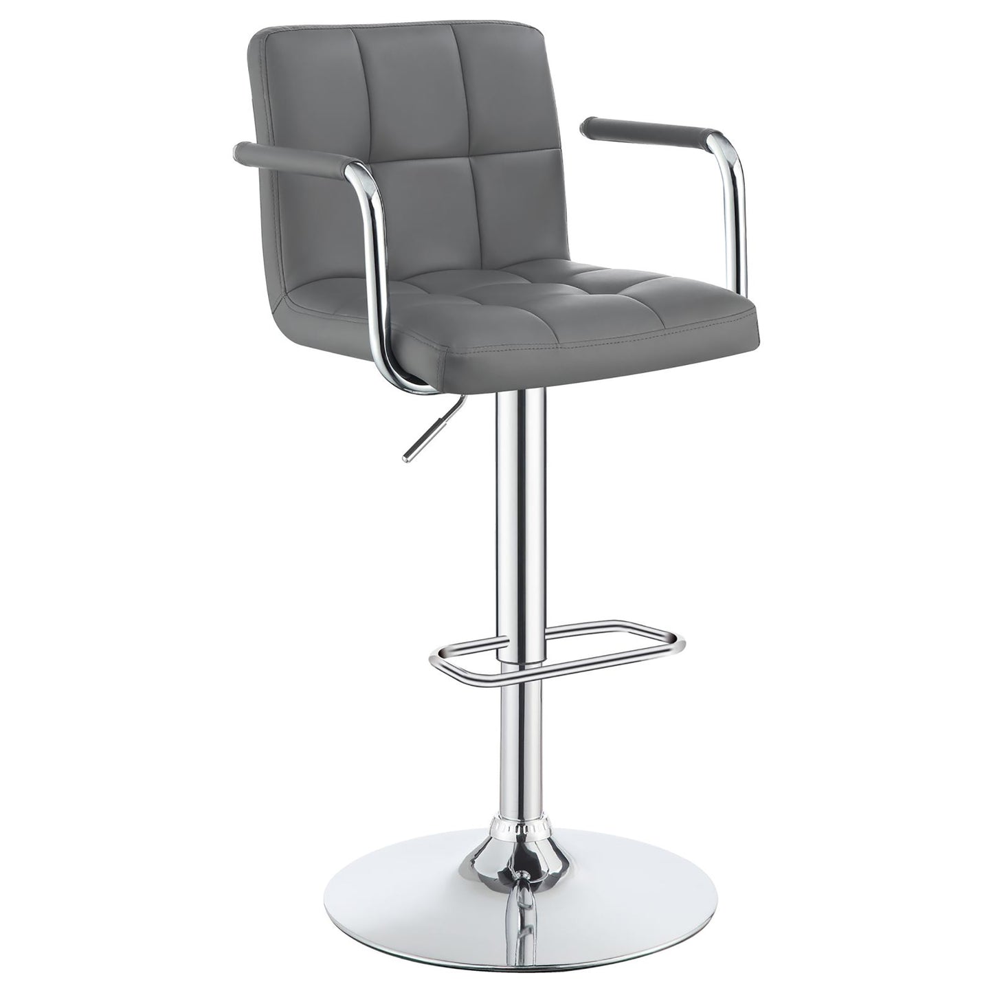 Gray upholstered swivel bar stool with adjustable height and chrome accents