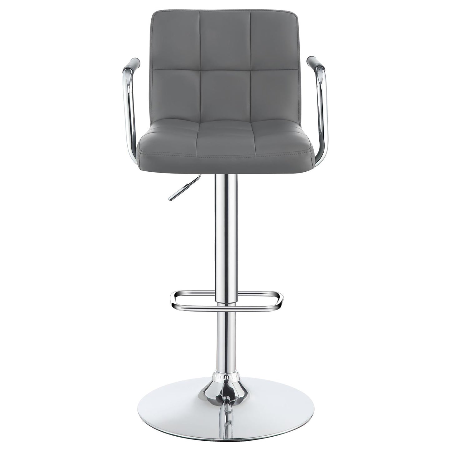 Grey faux leather bar stool with chrome accents and adjustable height