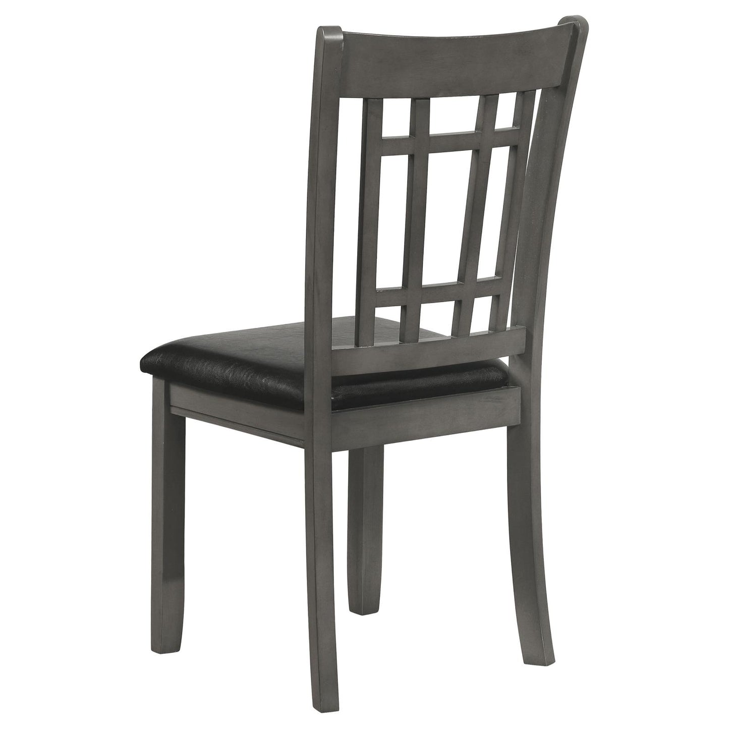 Grey wooden dining chair with a black upholstered seat and geometric back