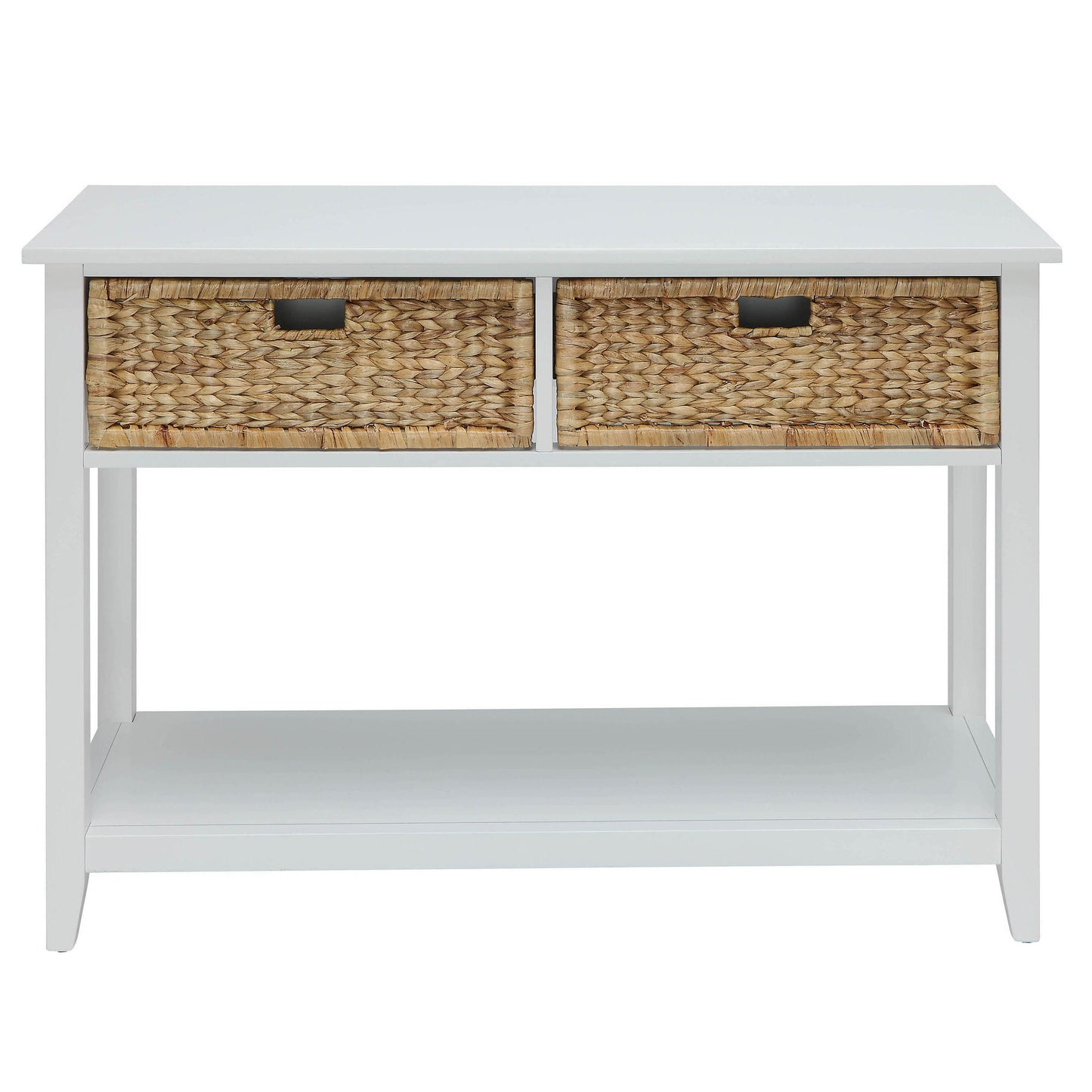 White console table with two woven storage baskets and a lower shelf