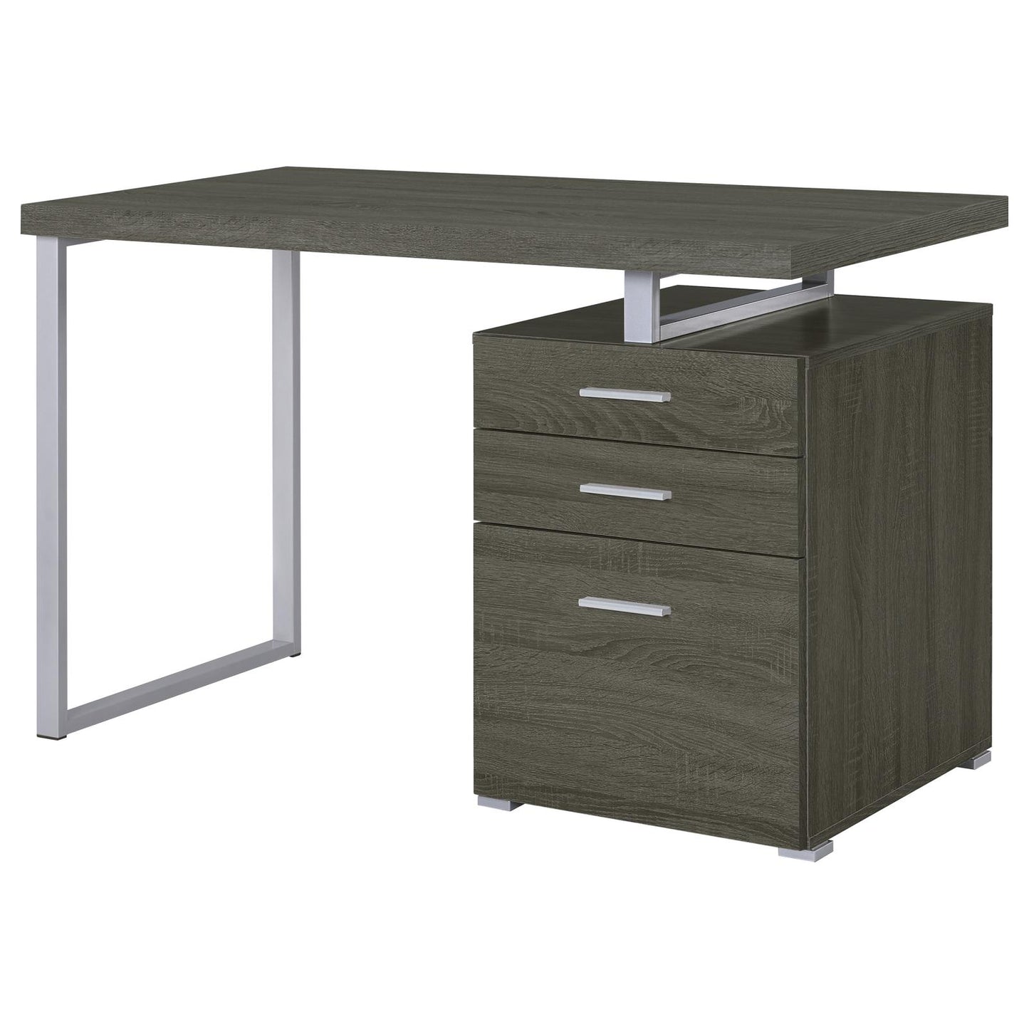 Modern dark oak desk with silver metal frame and three drawers for home office use