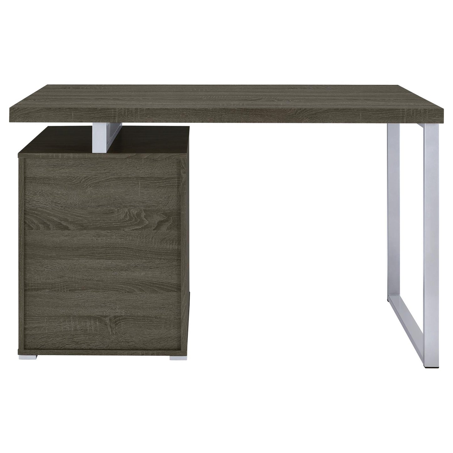 Modern gray wood desk with a silver metal frame and attached drawer unit