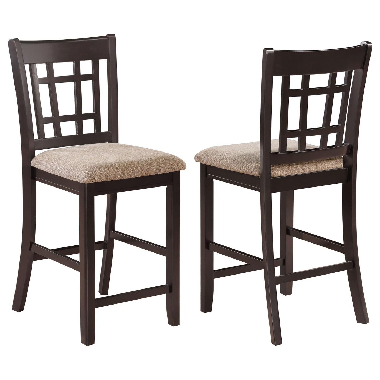 Dark brown wooden bar stools with tan fabric seats and lattice backrest
