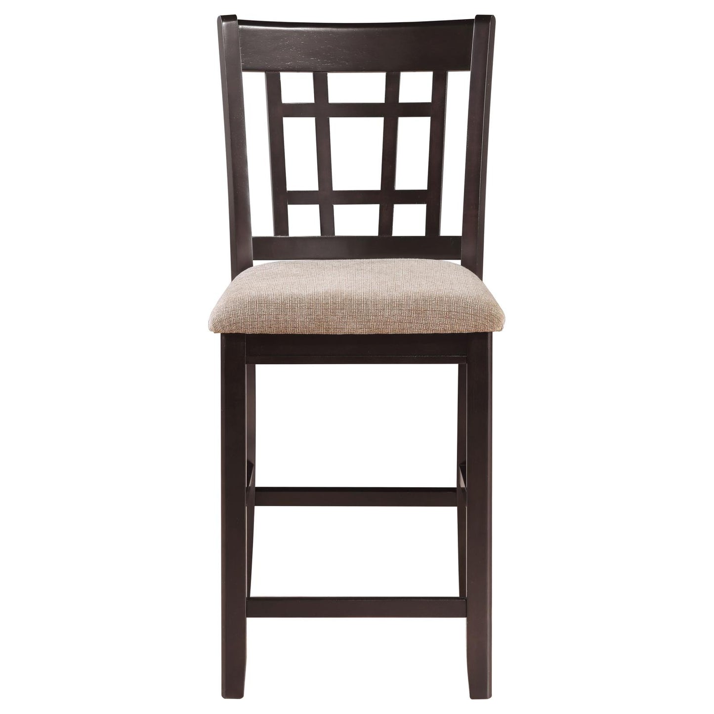 Dark espresso wooden bar stool with a beige textured fabric seat and geometric backrest