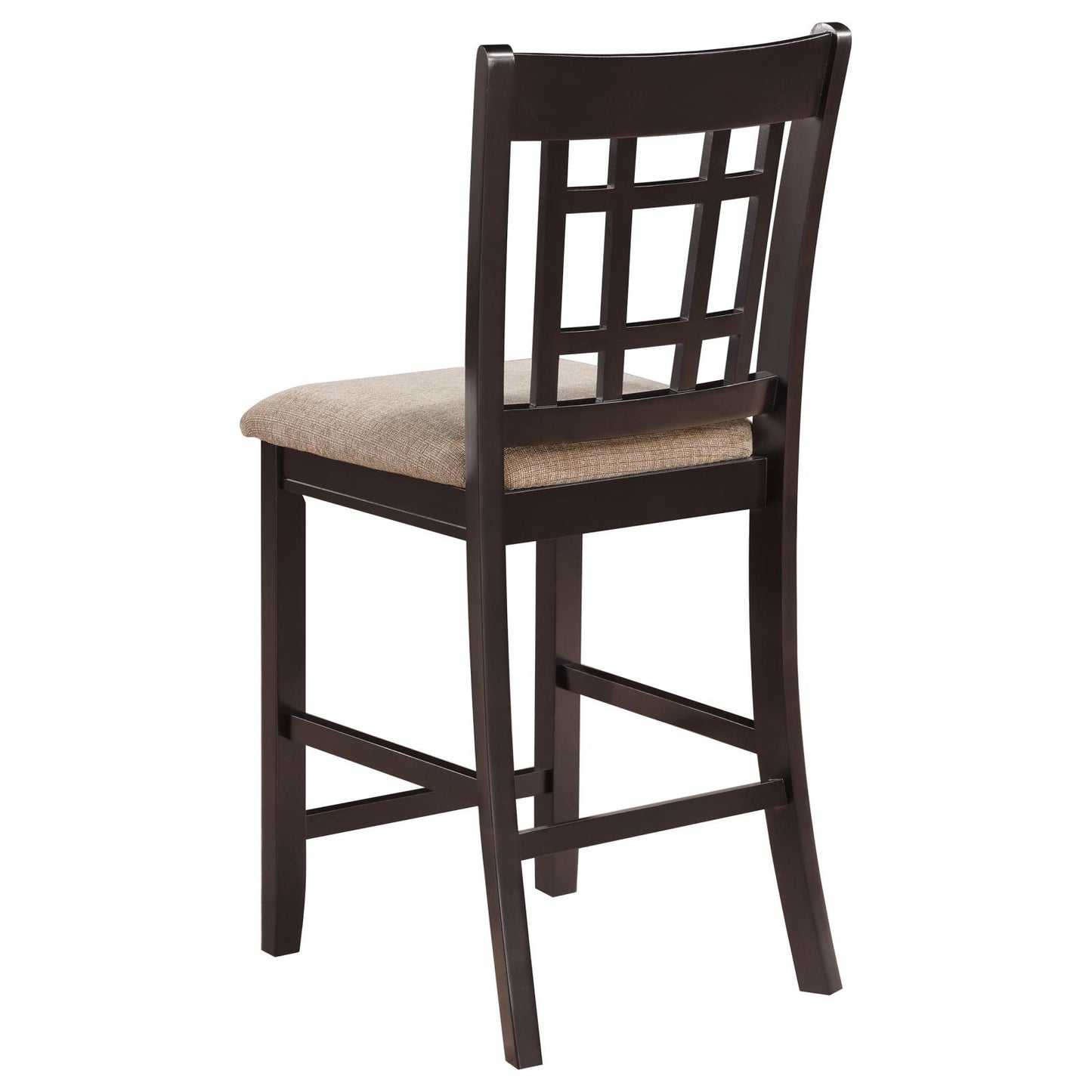 Dark brown wooden bar stool with a woven beige fabric seat and a geometric backrest