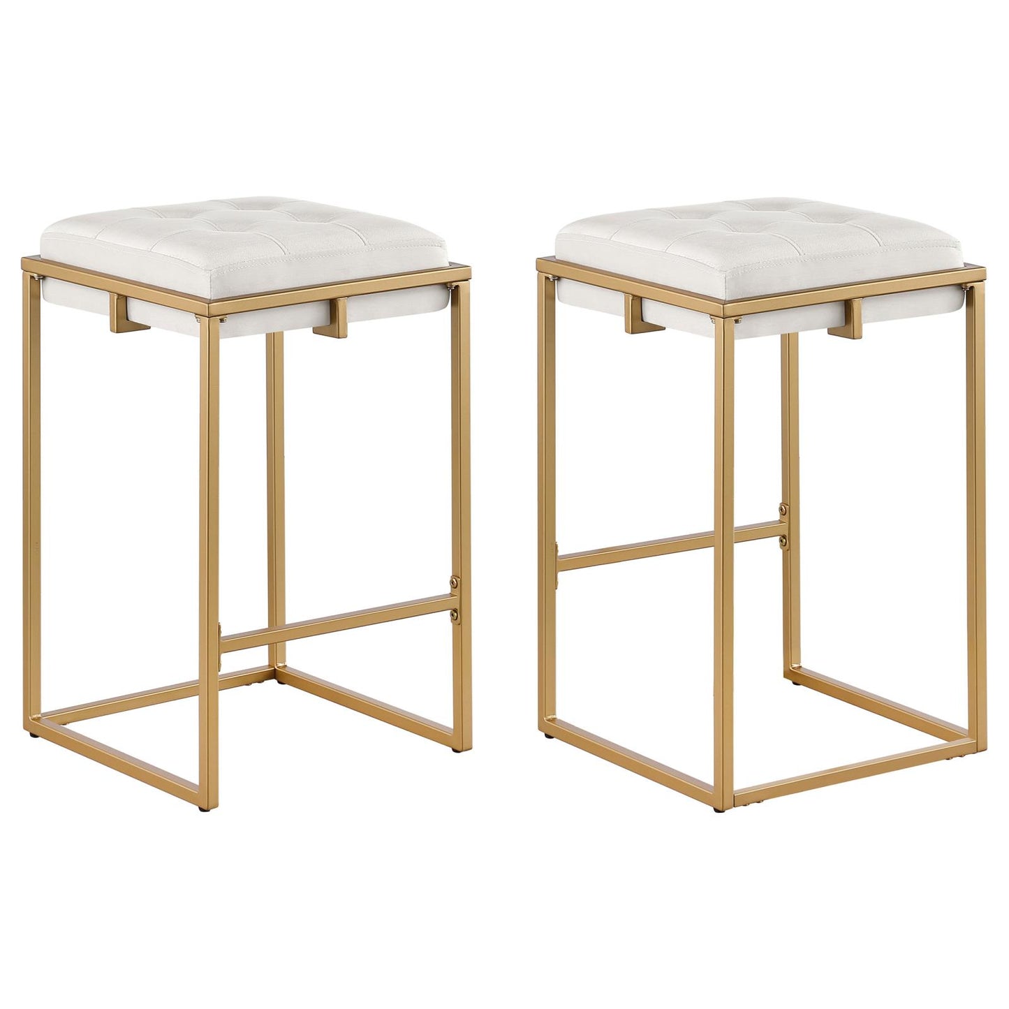 Two white tufted bar stools with gold metal frames