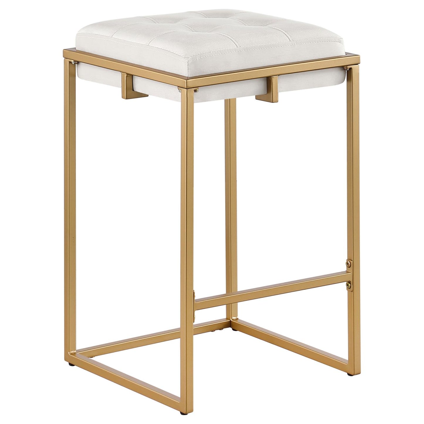 Tufted white leatherette seat with a gold metal frame bar stool for modern kitchens