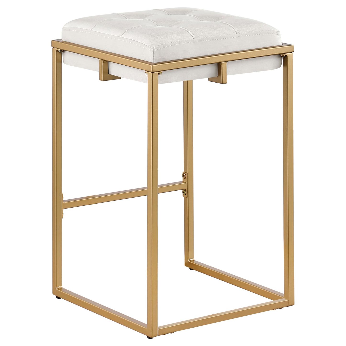 White tufted upholstered bar stool with gold metal frame