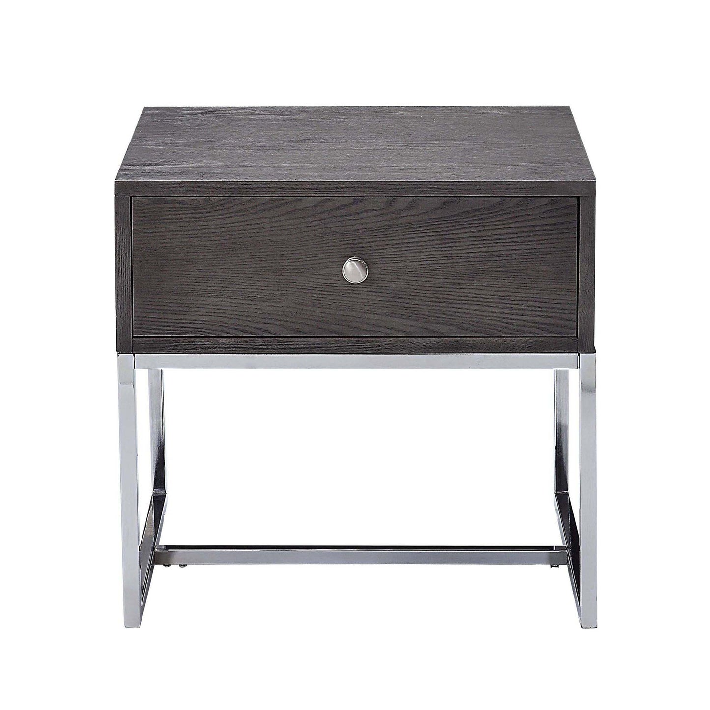 Dark grey oak veneer nightstand with a single drawer and polished chrome legs