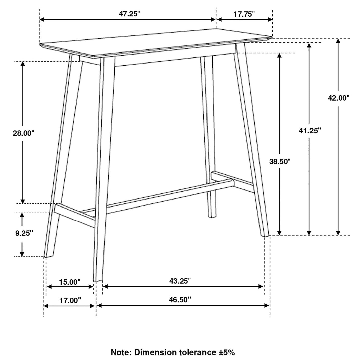 Diagram of a modern counter height table W x D x H