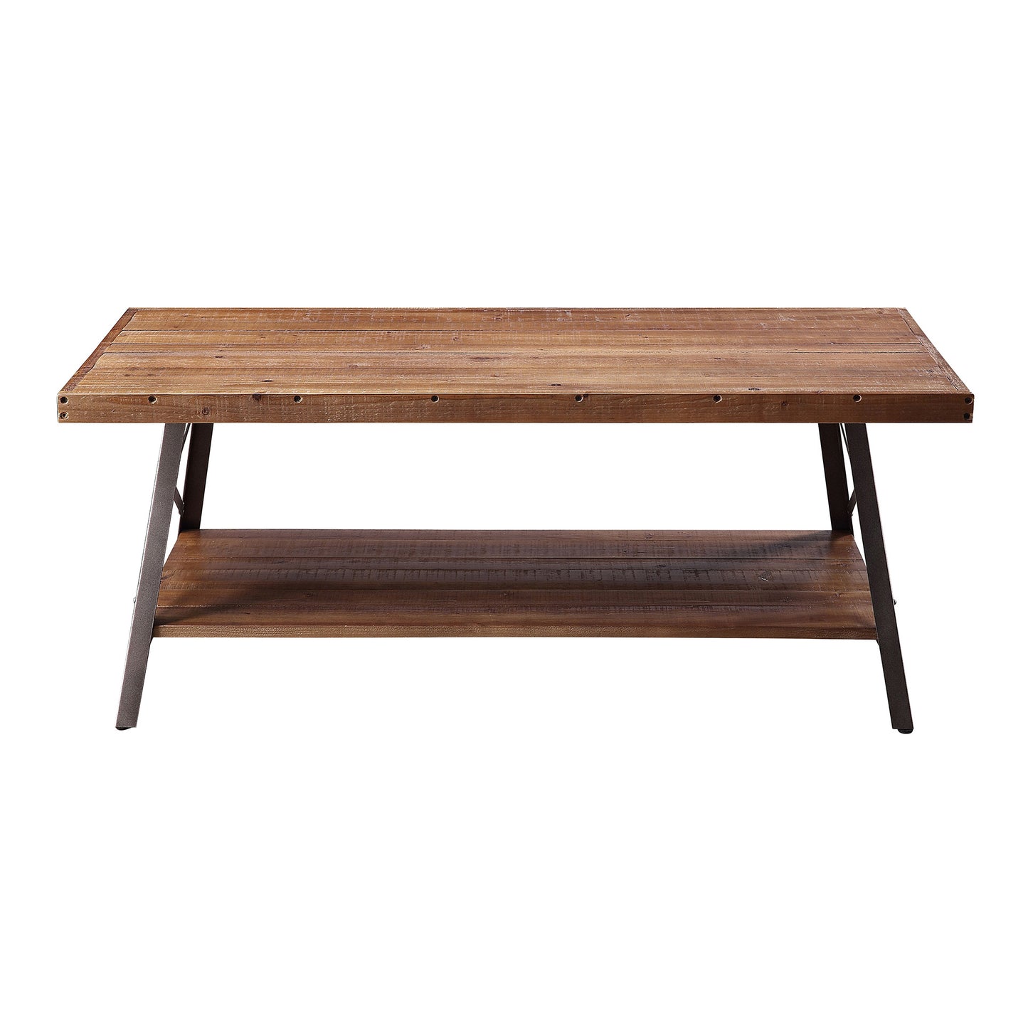 Reclaimed wood coffee table with industrial metal legs and lower shelf for storage