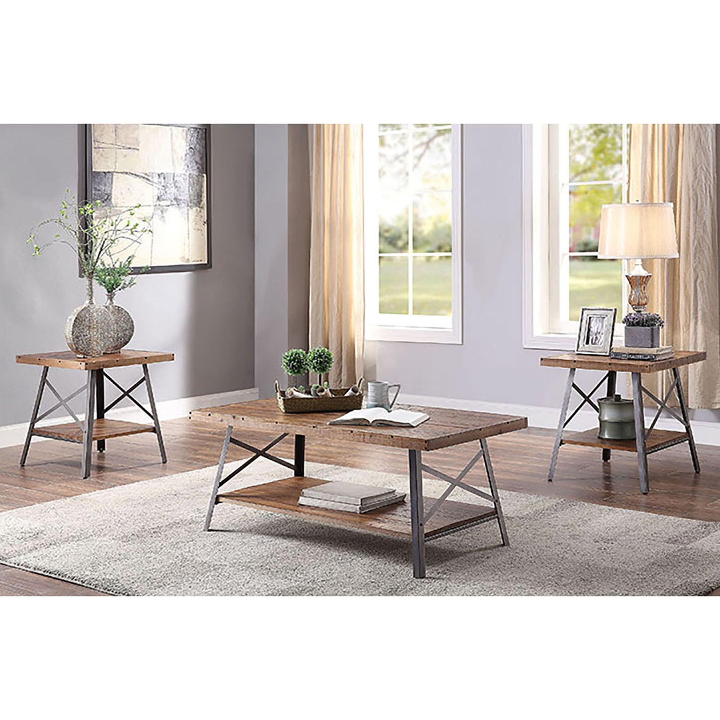 Rustic oak coffee table with metal frame and lower shelf