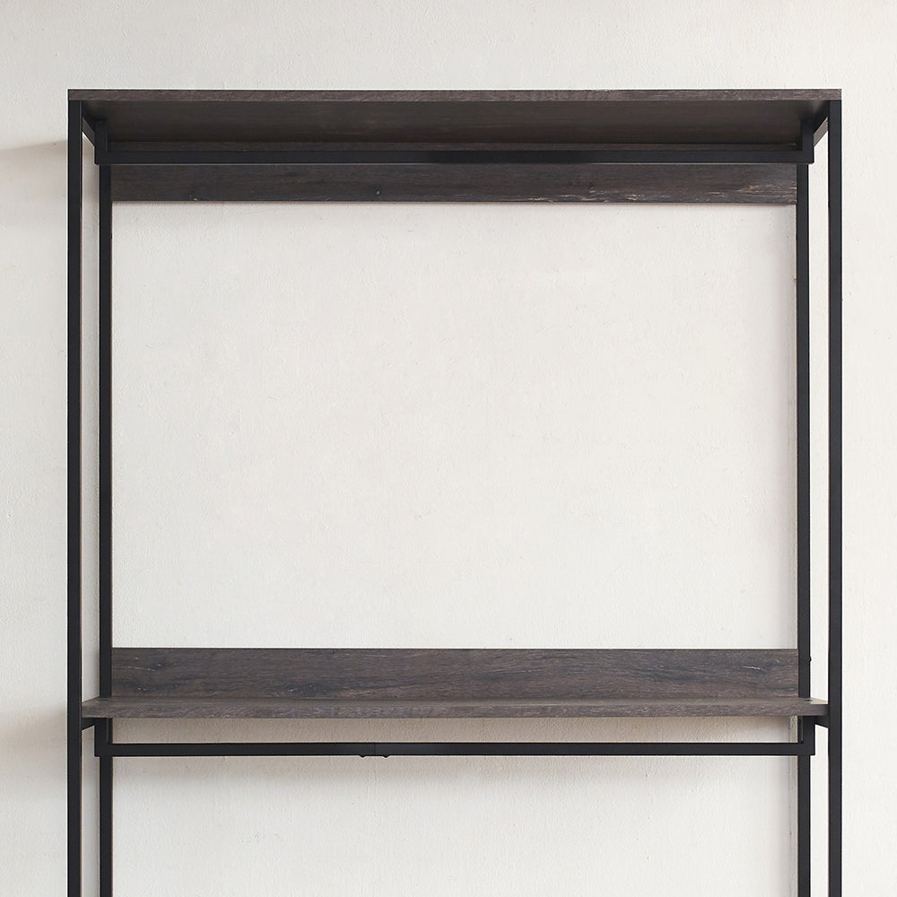 Industrial pipe clothing rack with dark wood shelves