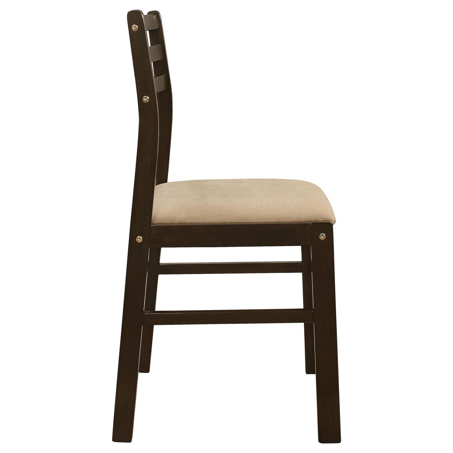 Dark brown wooden dining chair with a beige fabric seat and slatted back
