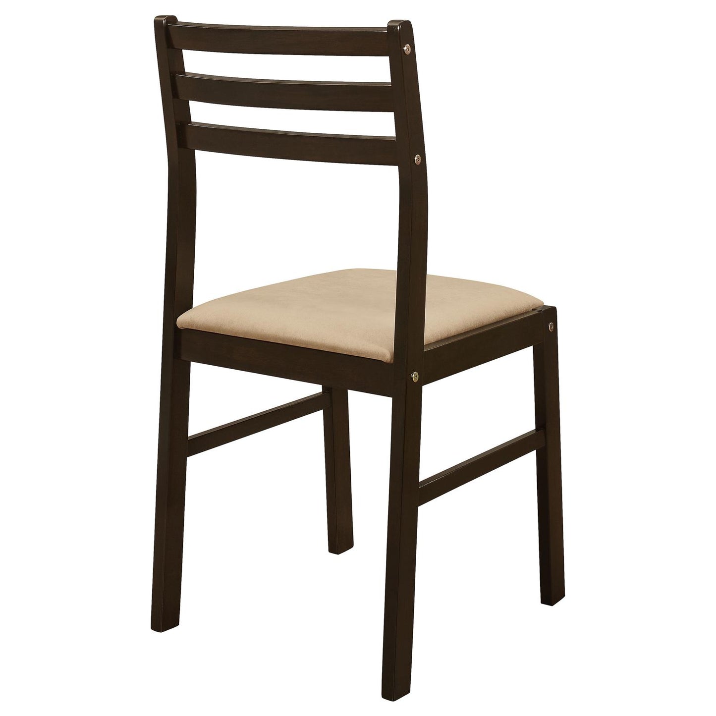 Dark brown wooden dining chair with horizontal slats and a beige upholstered seat