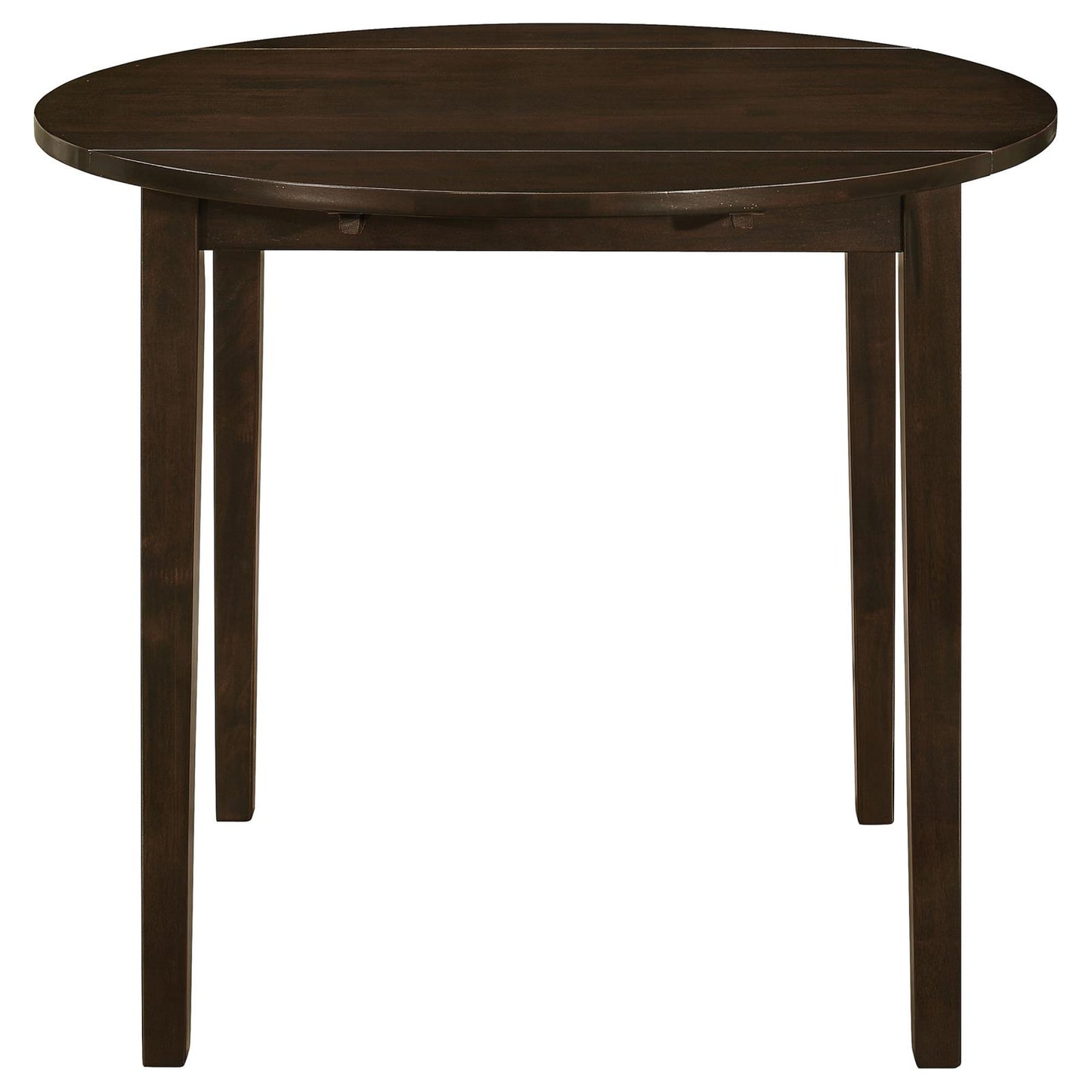 Dark brown round dropleaf dining table with wooden construction