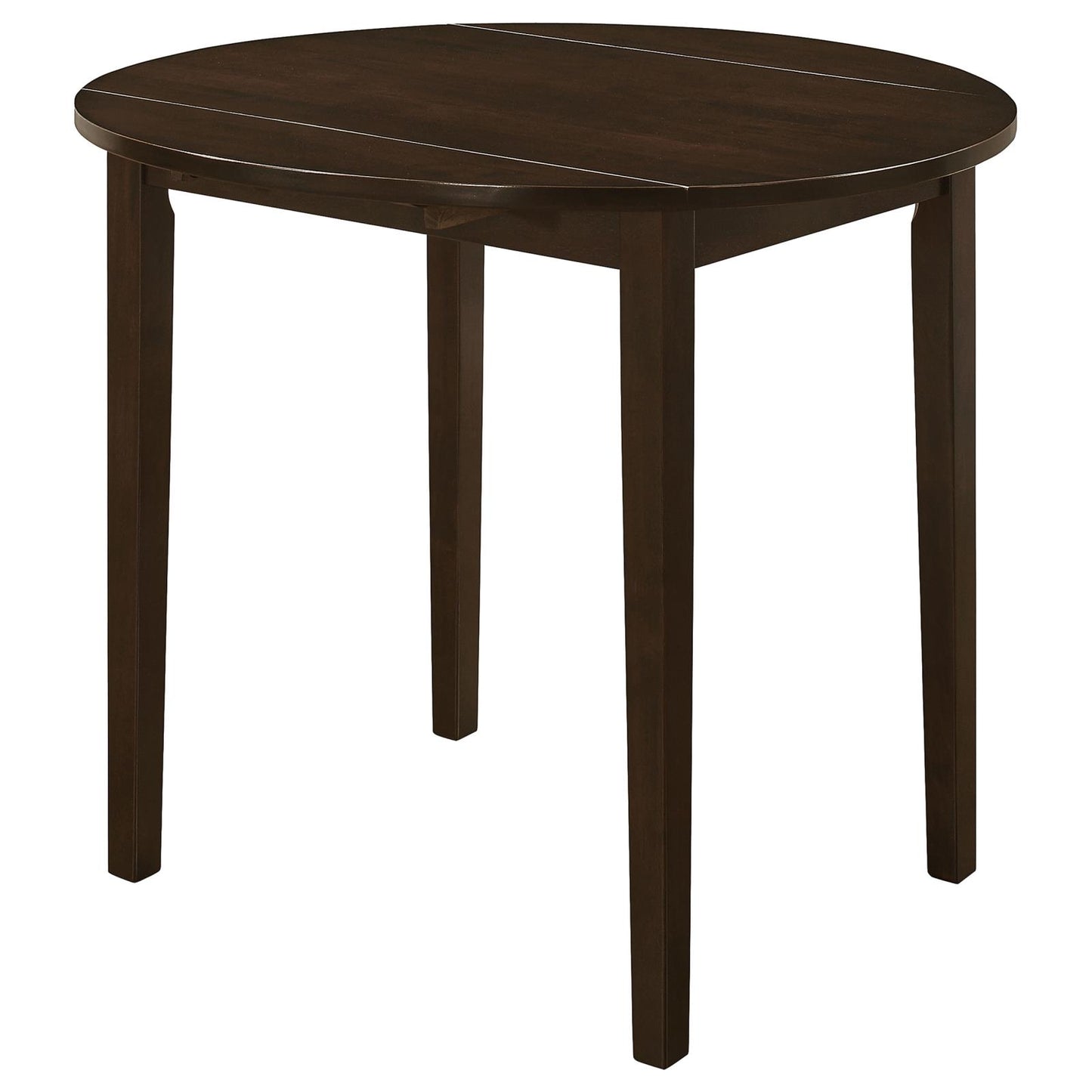 Dark wood round dining table with tapered legs