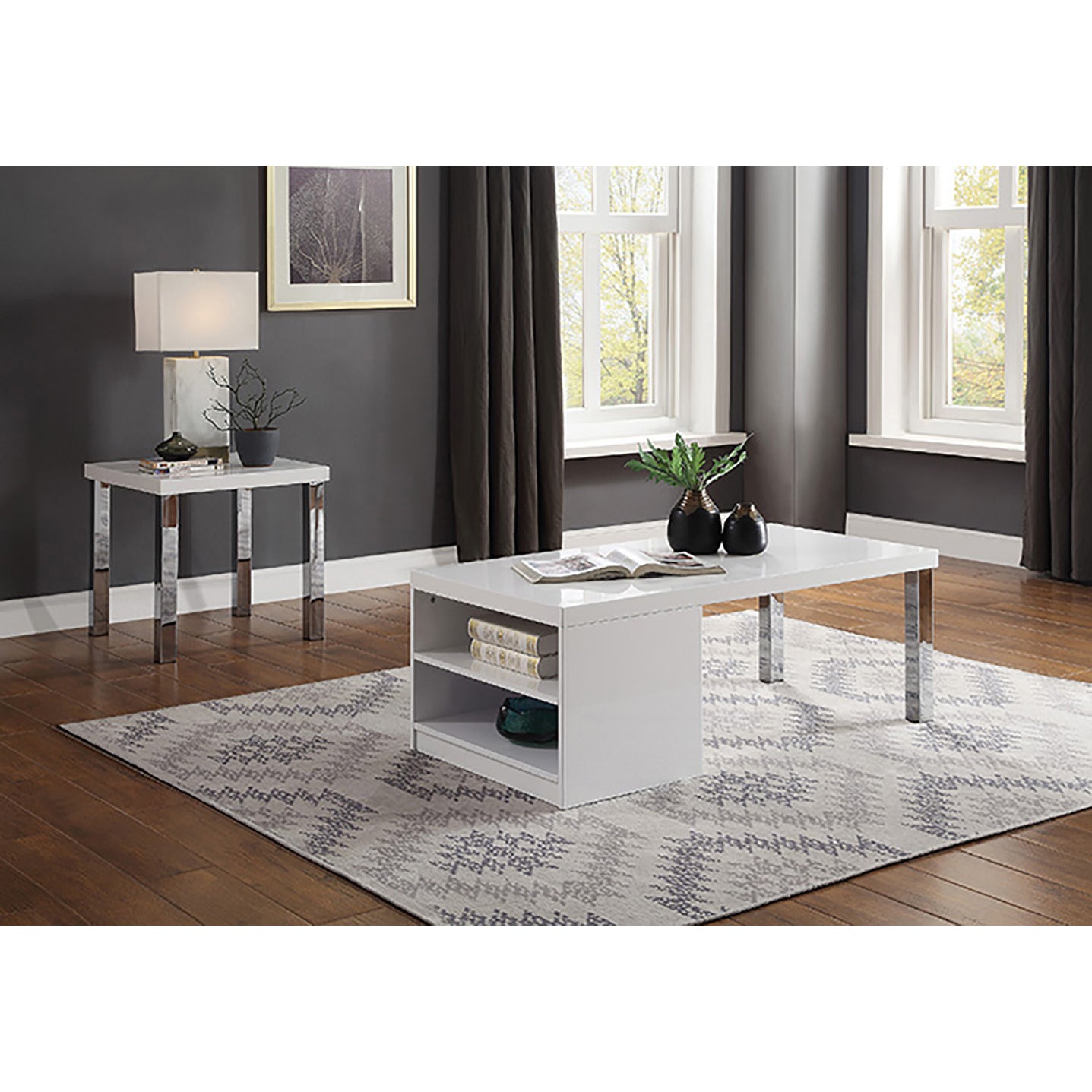 Glossy white contemporary coffee table with chrome legs and open shelving