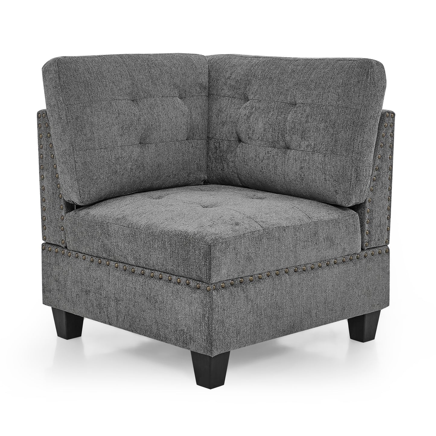 Tufted grey fabric corner chair with antique brass nailhead trim and dark wood legs