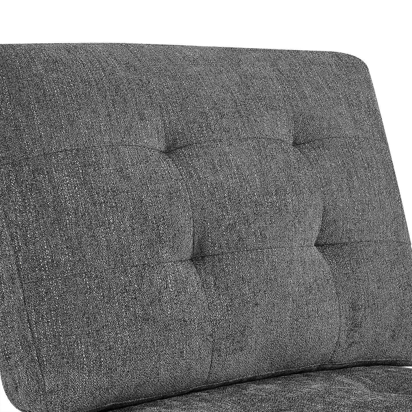 Closeup of dark grey textured fabric couch with tufted back cushions sofa detail